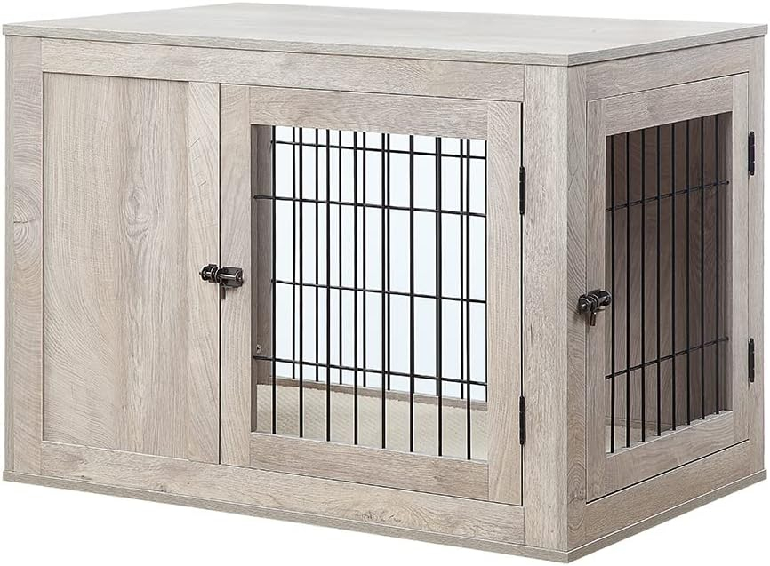 Unipaws Dog Crate End Table with Cushion, Wooden Wire Pet Kennels with Double Doors, Modern Design Dog House, Chew-Proof, Walnut