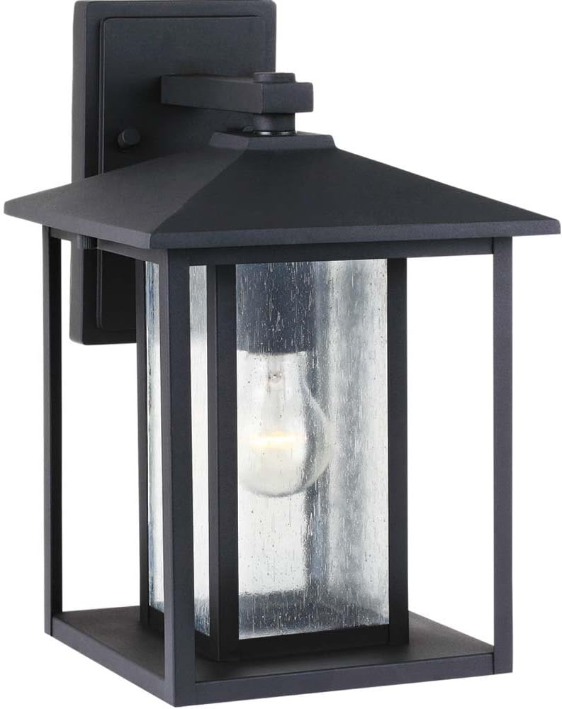 Hunnington 14 in. H 1-Light Outdoor Black Wall Lantern Sconce with Clear Seeded Glass Panels