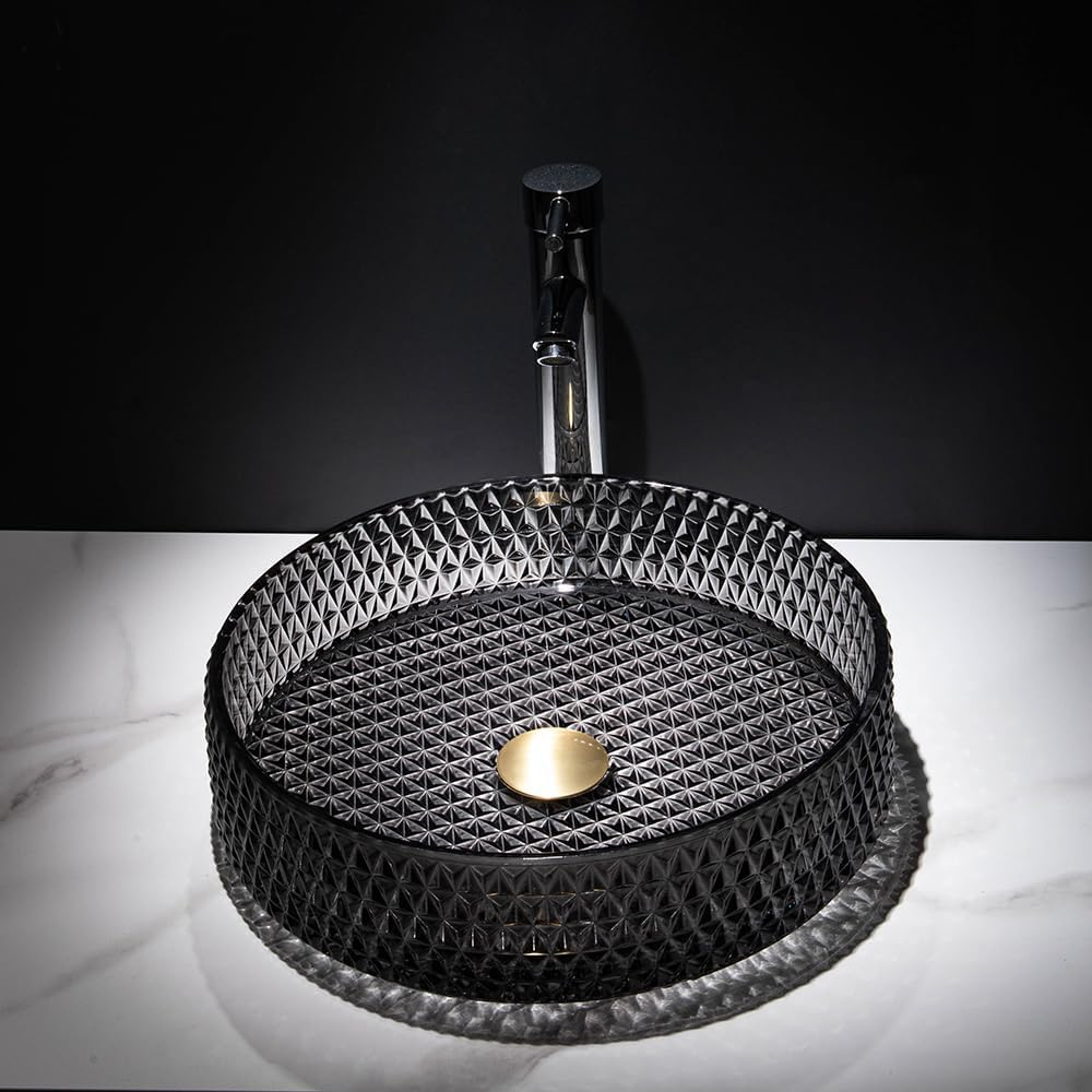 Homary 15" Vessel Transparent Diamond Shaped Crystal Glass Bathroom Wash Sink in Black