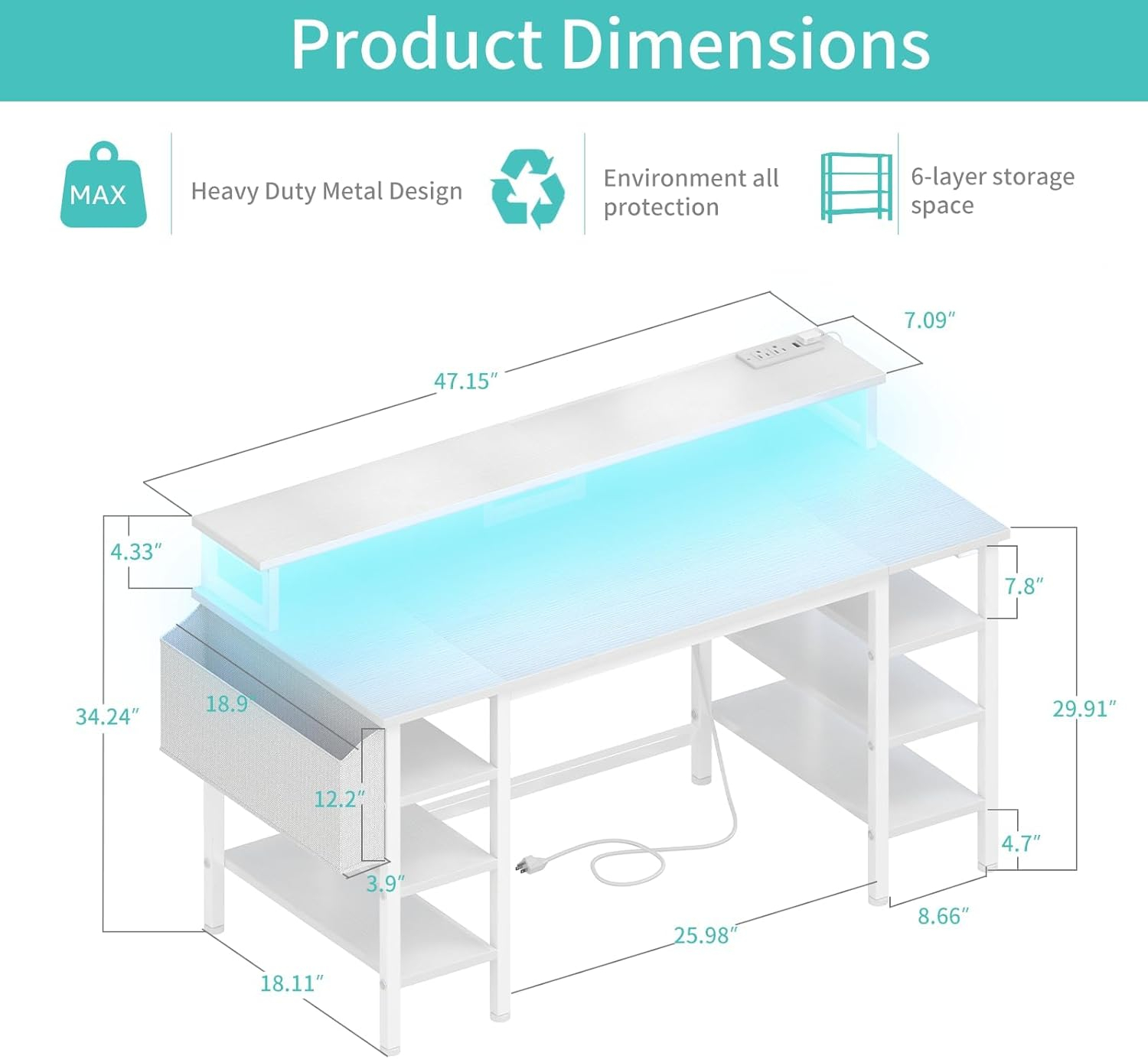 Lufeiya White Desk with Storage Shelves - 47 inch Home Office Gaming Desk with Monitor Stand, Computer Desk with LED Lights and Power Outlets, White