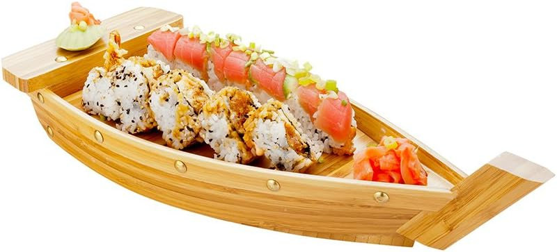 Large Natural Bamboo Sushi Boat Serving Tray with Brass-Inspired Hardware