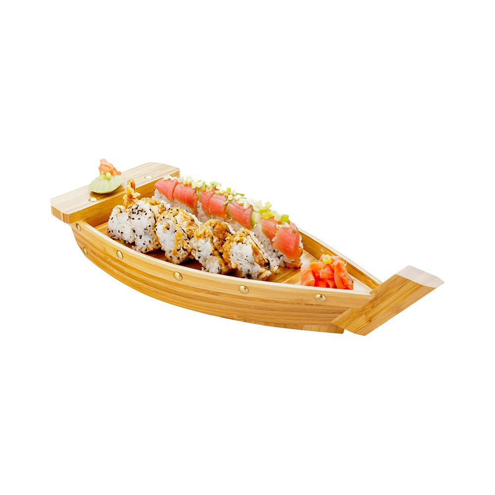 Large Natural Bamboo Sushi Boat Serving Tray with Brass-Inspired Hardware