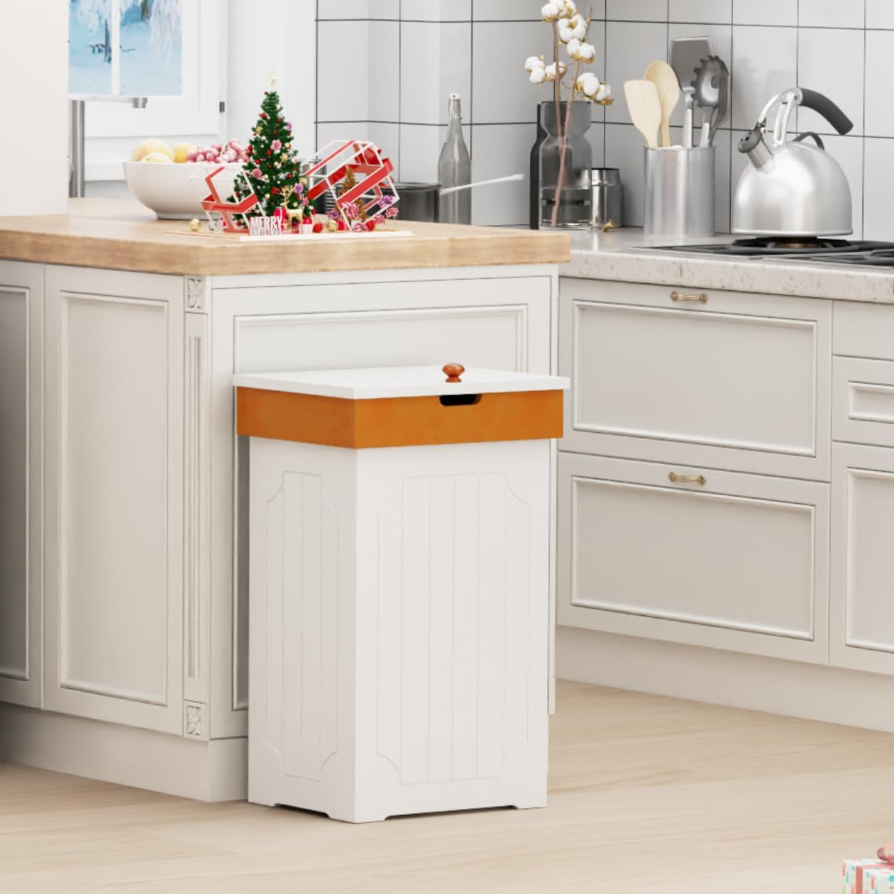 Function Home Trash Can Cabinet, 13 Gallon Kitchen Garbage Can, Wooden Recycling Trash Bin, Dog Proof Trash Can, Trash Cabinet with Lid for Home Kitchen Bathroom, White
