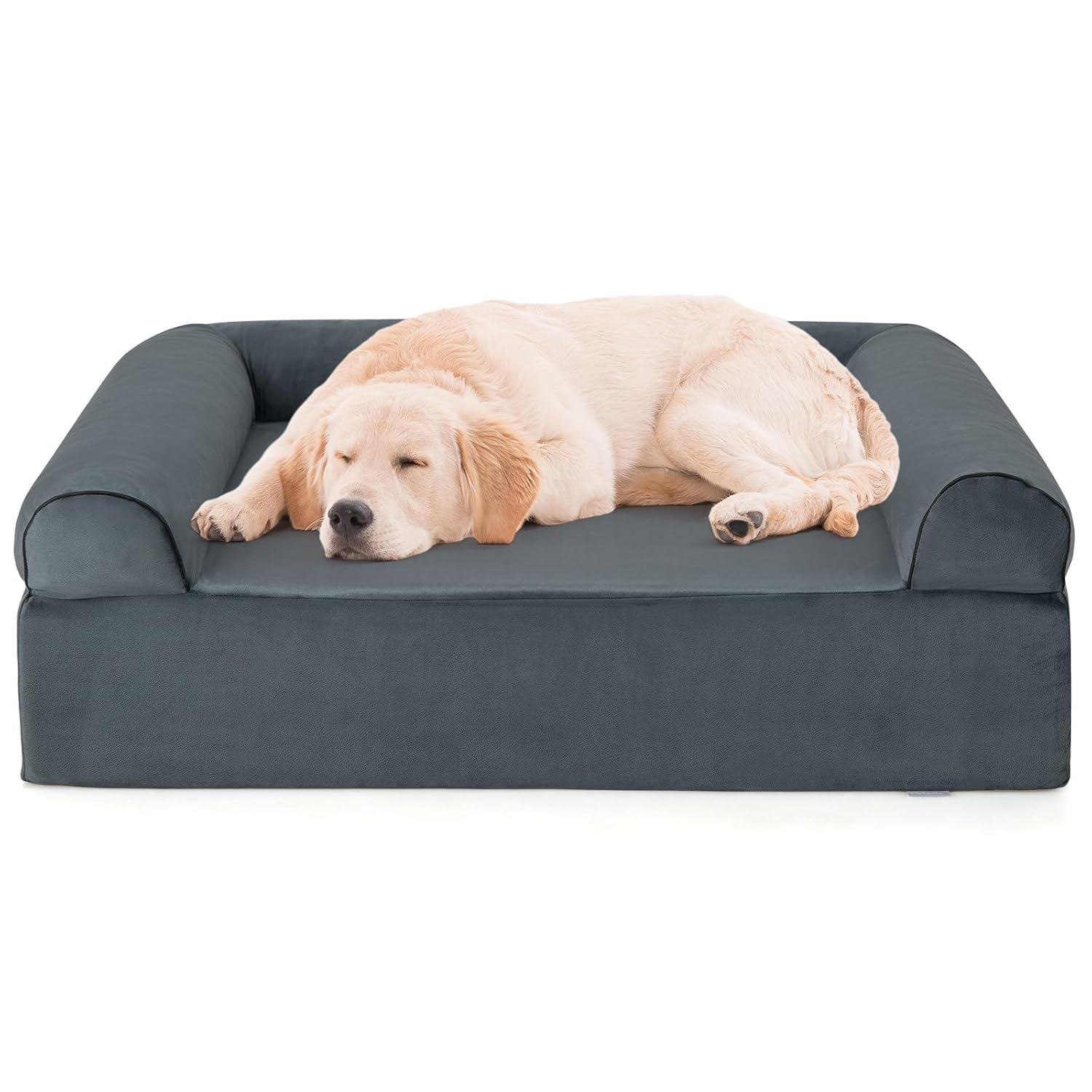 Orthopedic Dog Bed Memory Foam Pet Bed with Headrest for Large Dogs-Grey