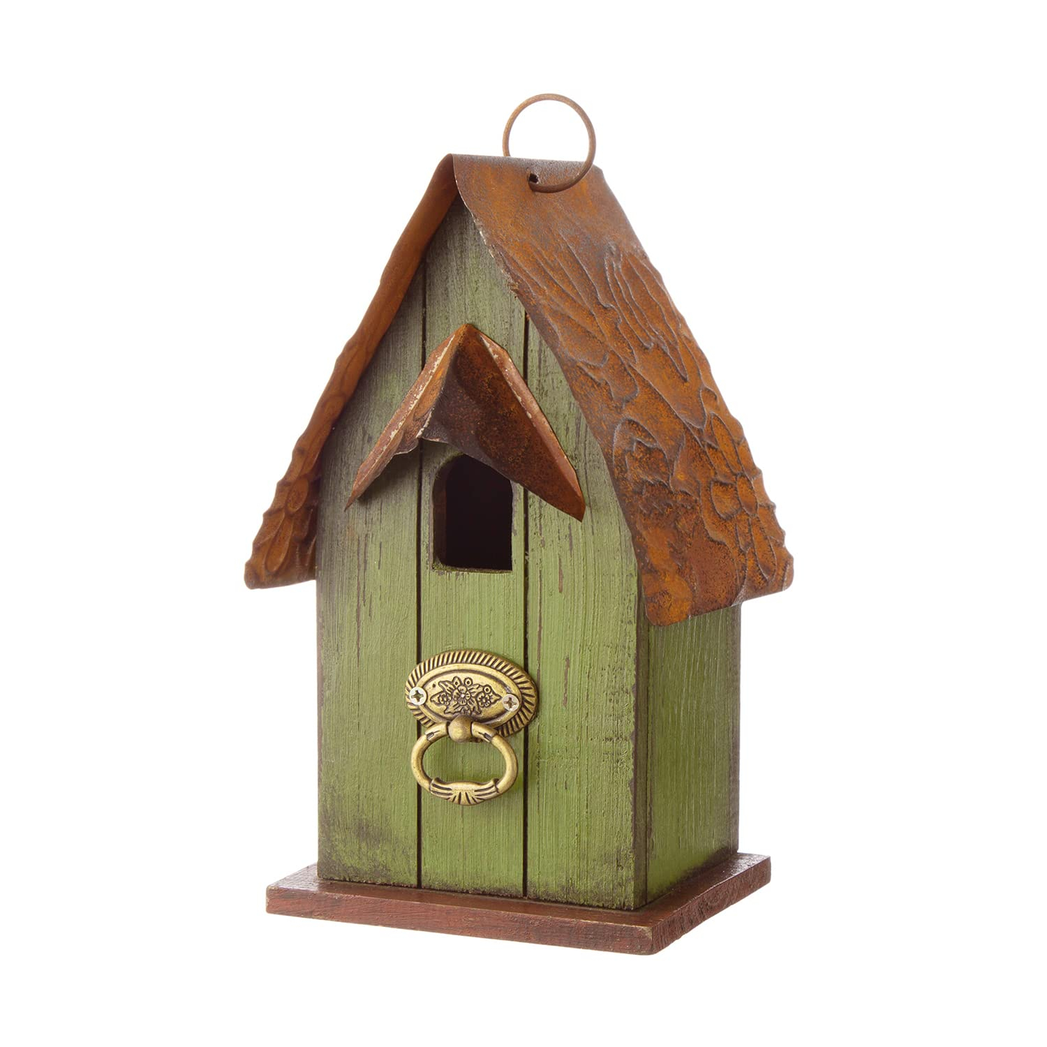 Green Hand Painted Wood Birdhouse with Distressed Details
