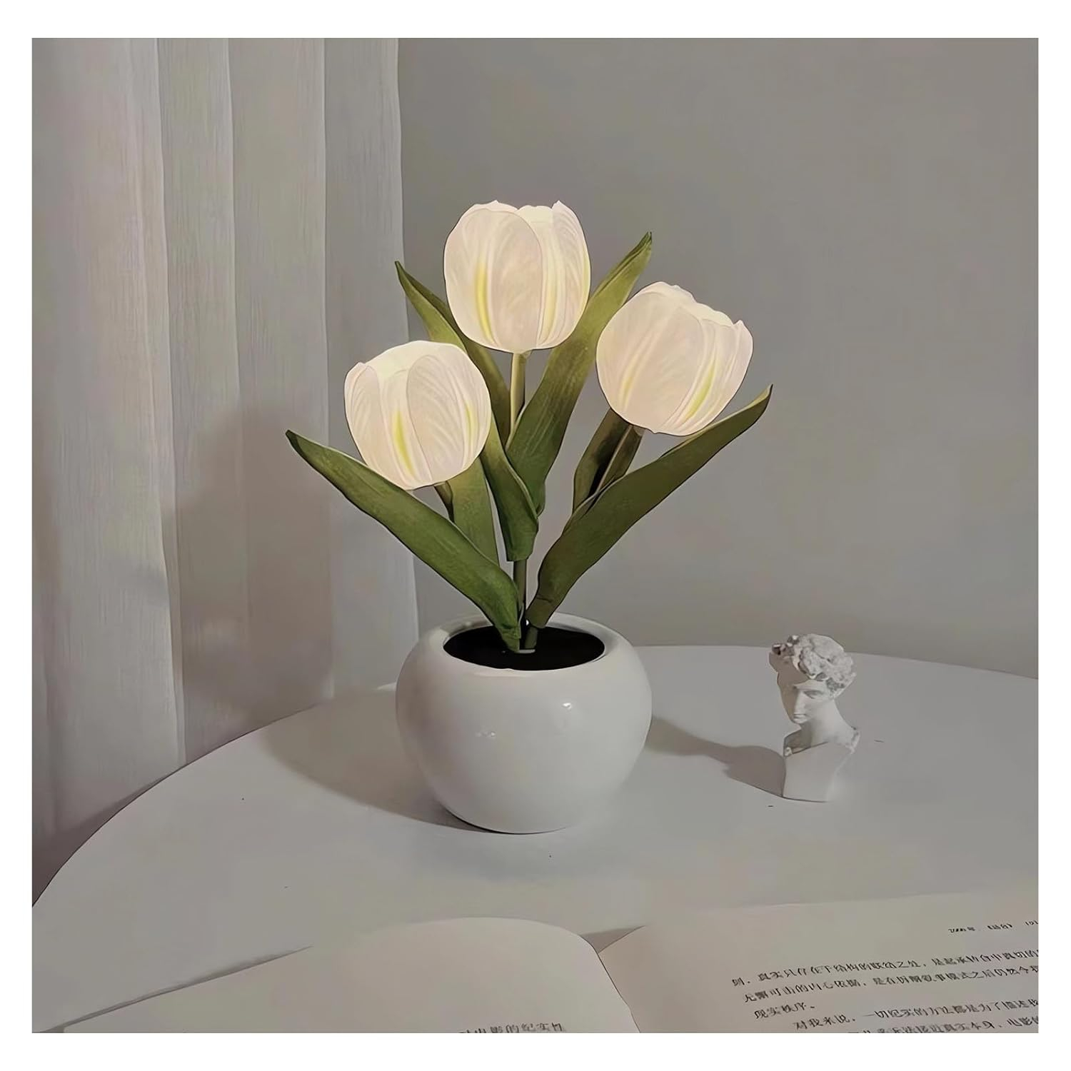 Flower Table Lamp Tulip Desk LED Night Light Heads Artificial Flower Lamp Small Desk Decor Lamp Desk Tablefor Bedroom Bedside Lamp Ambient Light Decor (White-USB)
