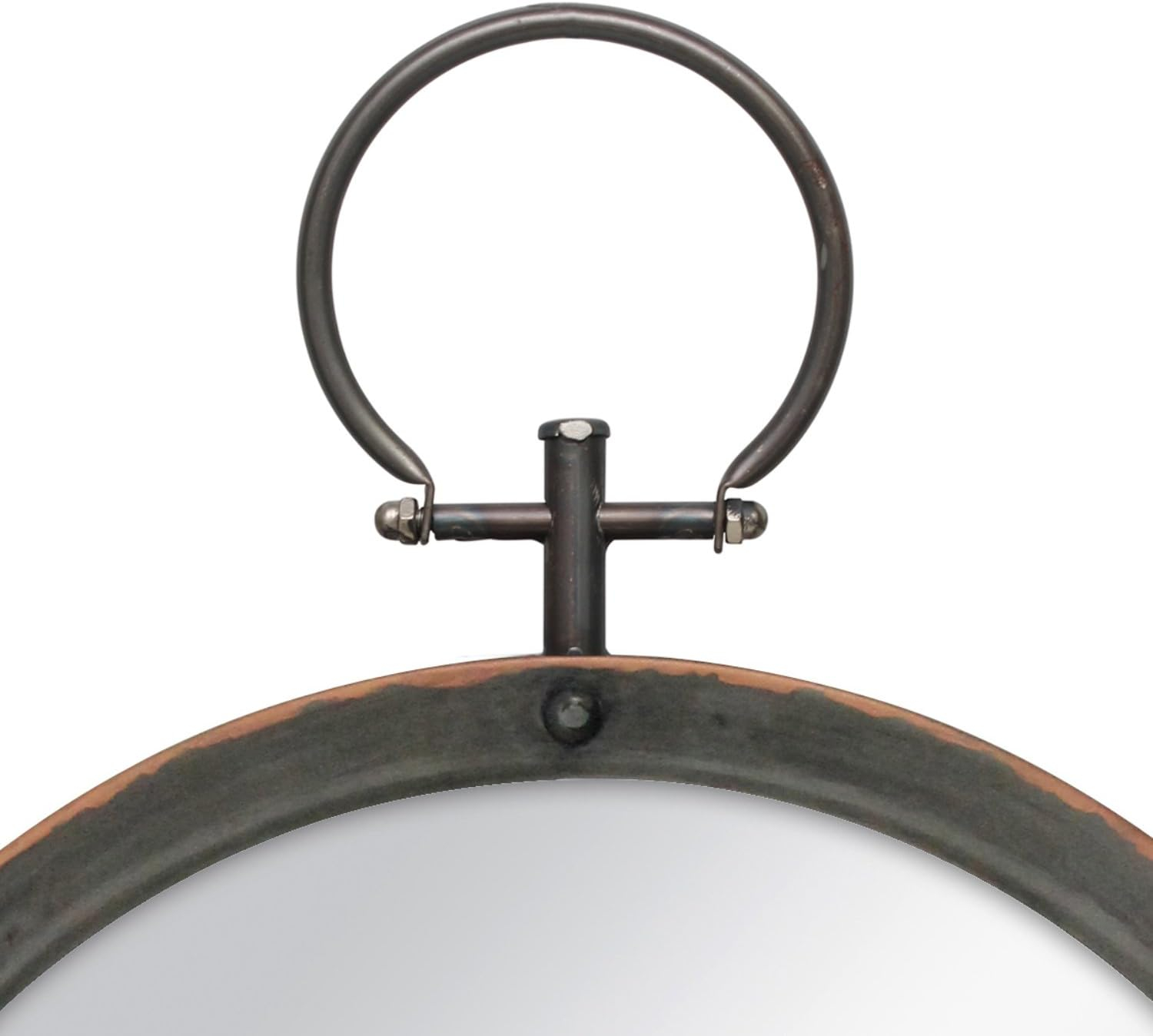 Stonebriar Round Rustic Bronze Metal Mirror with Rivet Detail & Hanging Ring for Wall, Industrial Home Décor, 21.1" x 15.7"