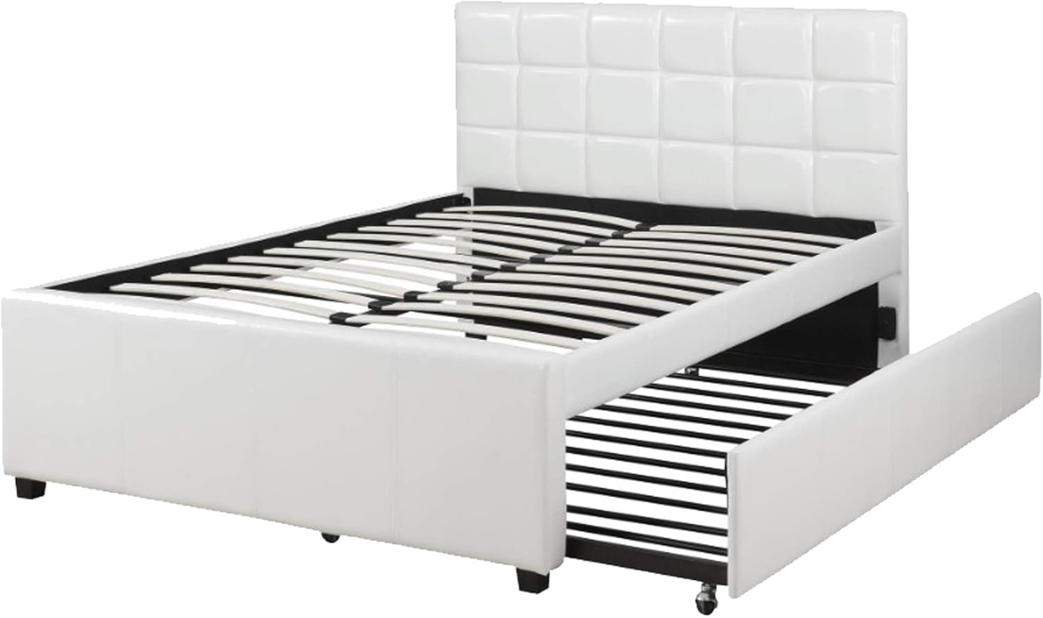Gracious Wooden Full Bed With Trundle And SQU Tufted HB, White