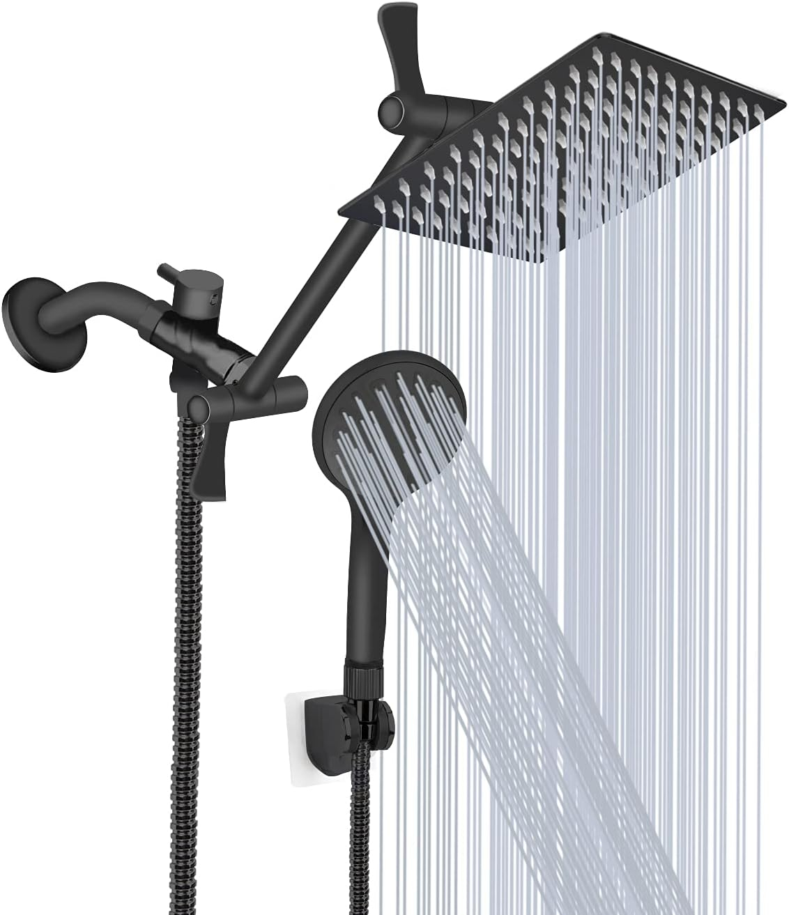 Shower Head with Hose, 8'' High Pressure Rain Shower Head, Handheld Shower Head Combo with 11'' Extension Arm, 5 Spray Settings Adjustable Shower Head with Holder, Height/Angle Adjustable