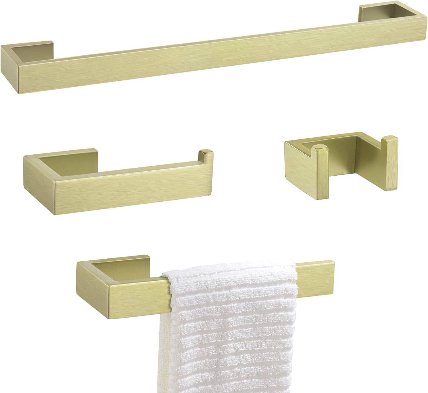 AWZTOO 4-Piece Bathroom Hardware Set Stainless Steel Towel Bar Set Towel Holder Toilet Paper Holder Robe Hook Wall Mount Accessory Set Brushed Gold