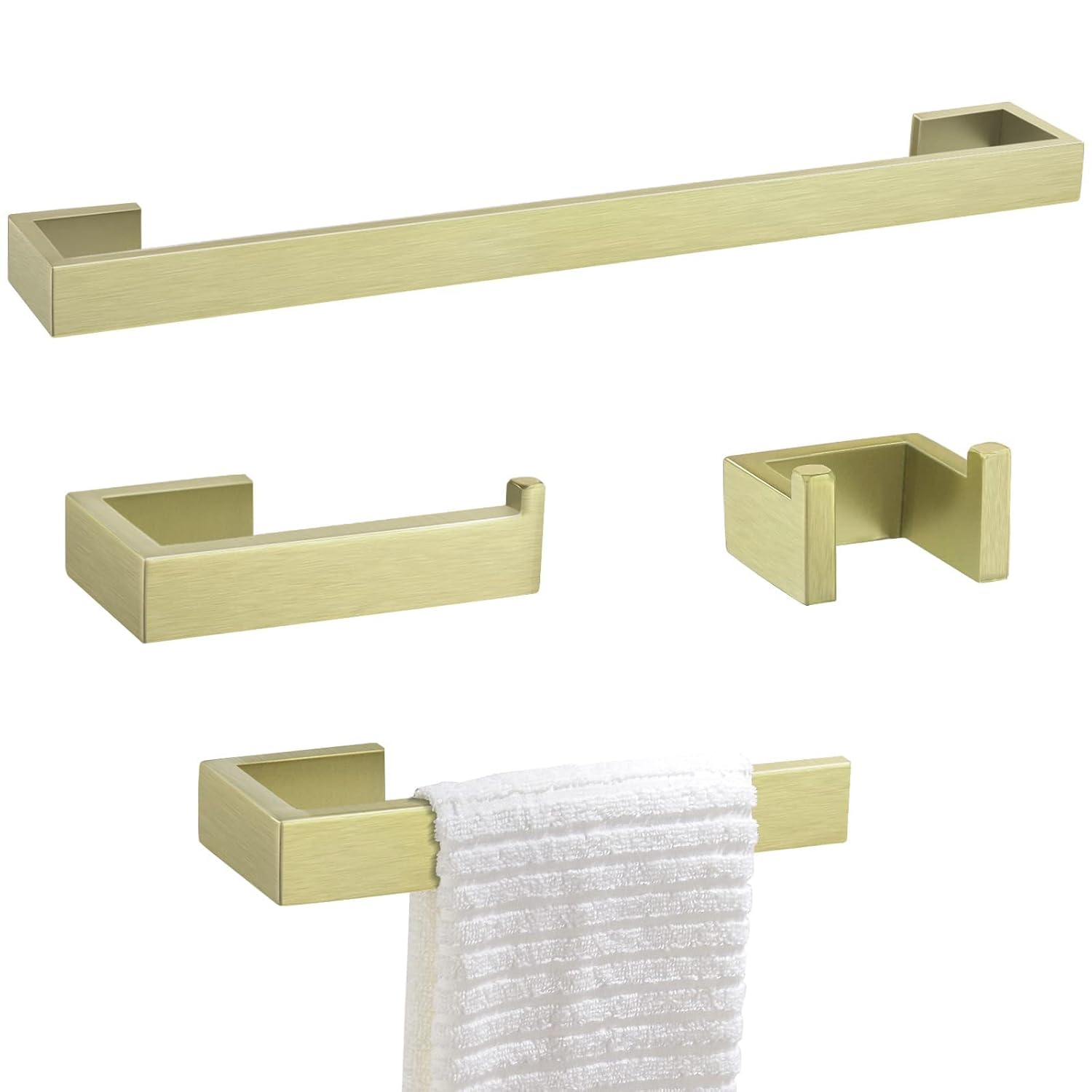 AWZTOO 4-Piece Bathroom Hardware Set Stainless Steel Towel Bar Set Towel Holder Toilet Paper Holder Robe Hook Wall Mount Accessory Set Brushed Gold