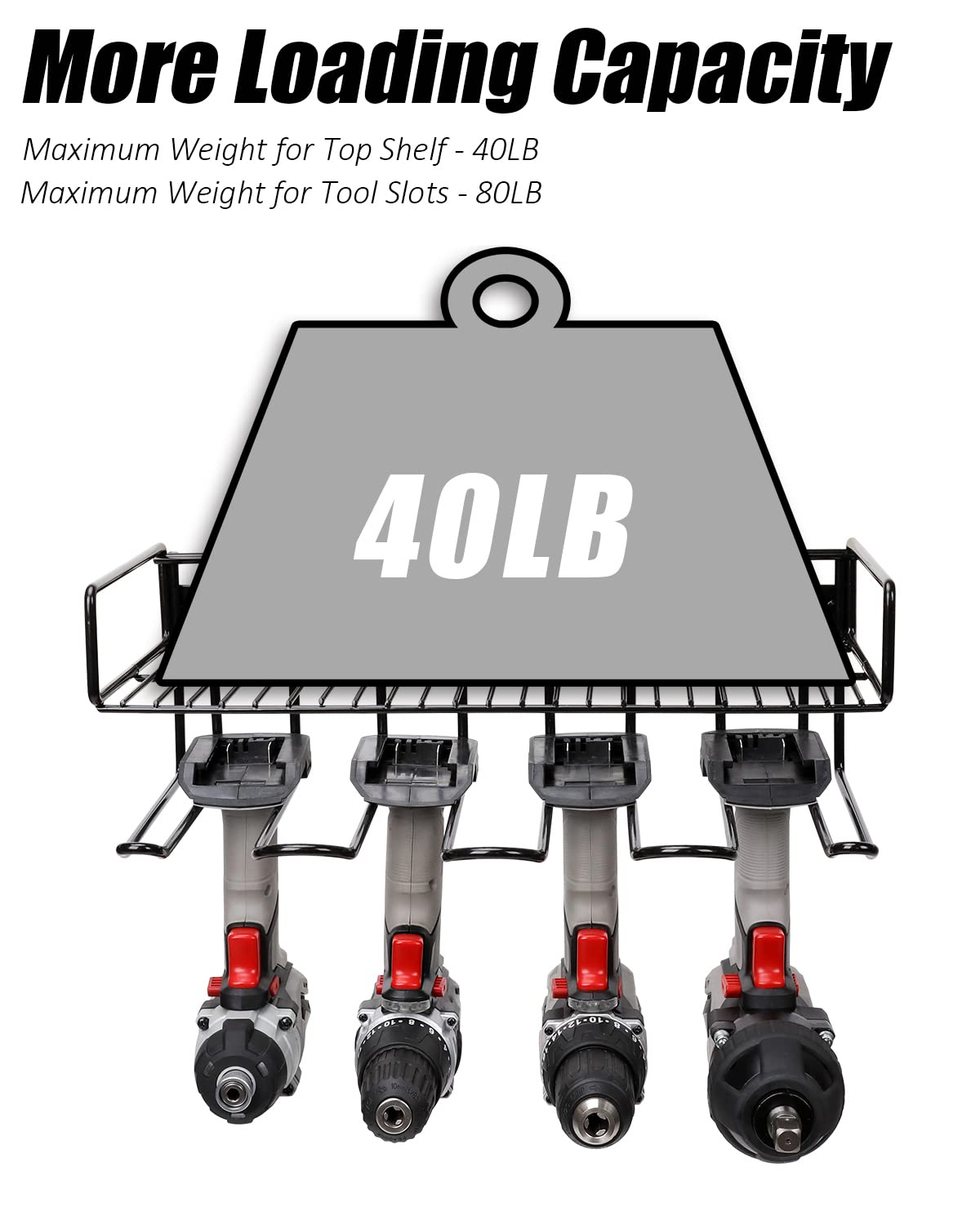 Heavy Duty Tool Organizer, 16"W x 7.48"H x 5.51"D, 4 Wall Mount Anchors, 3.95" Between Slots, Sturdy Steel Construction, Ideal for Power Tools