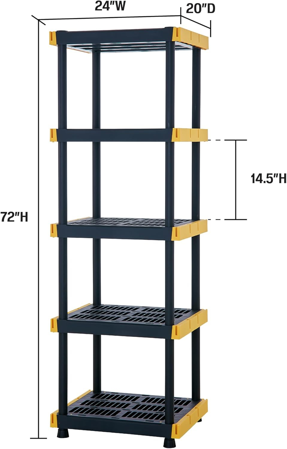 BLACK & YELLOW®, 5-Tier Heavy Duty Plastic Storage Shelving Unit, 100lbs/shelf (72”H x 24”W x 20”D), for Indoor/Outdoor Organization, Modular Rack