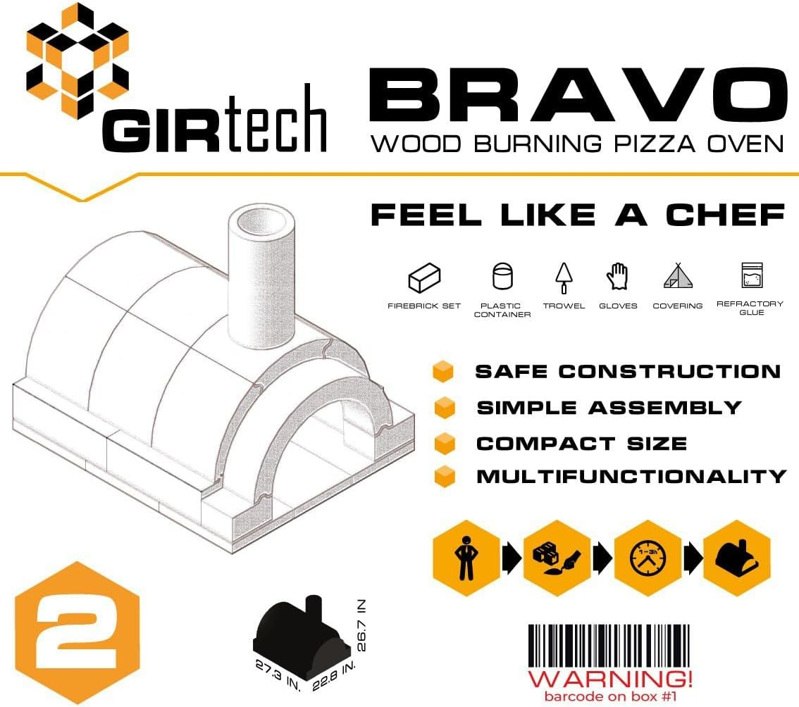 GIRtech BRAVO Wood Burning Fire Brick Pizza Oven for Outdoor Cooking - FULLY DIY KIT - Includes Firebrick Set, Refractory Glue, Trowel, Gloves, Cover, Steel Gate, Assembly Instructions (3 hours)