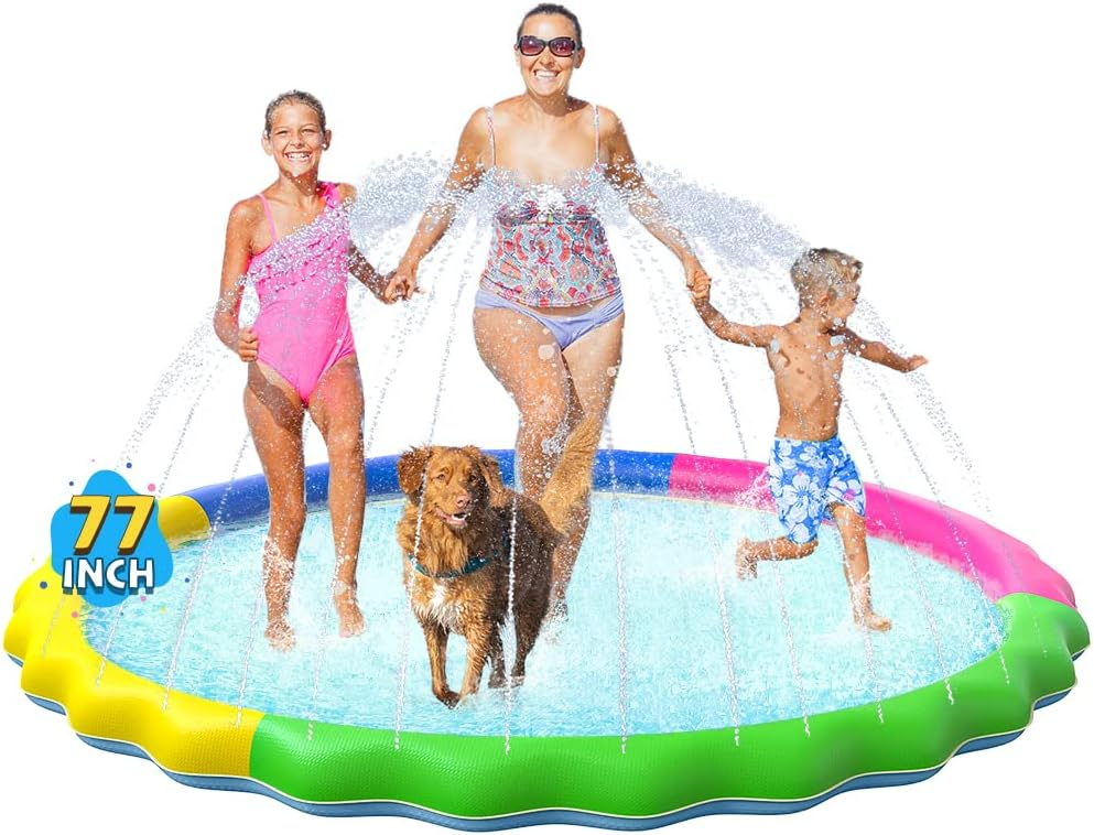 VISTOP Non-Slip Splash Pad for Kids, Thicken Sprinkler Pool Summer Outdoor Water Toys - Fun Backyard Fountain Play Mat for Baby Girls Boys Children or Pet Dog (77 inch, Red&Yellow&Green&Blue)