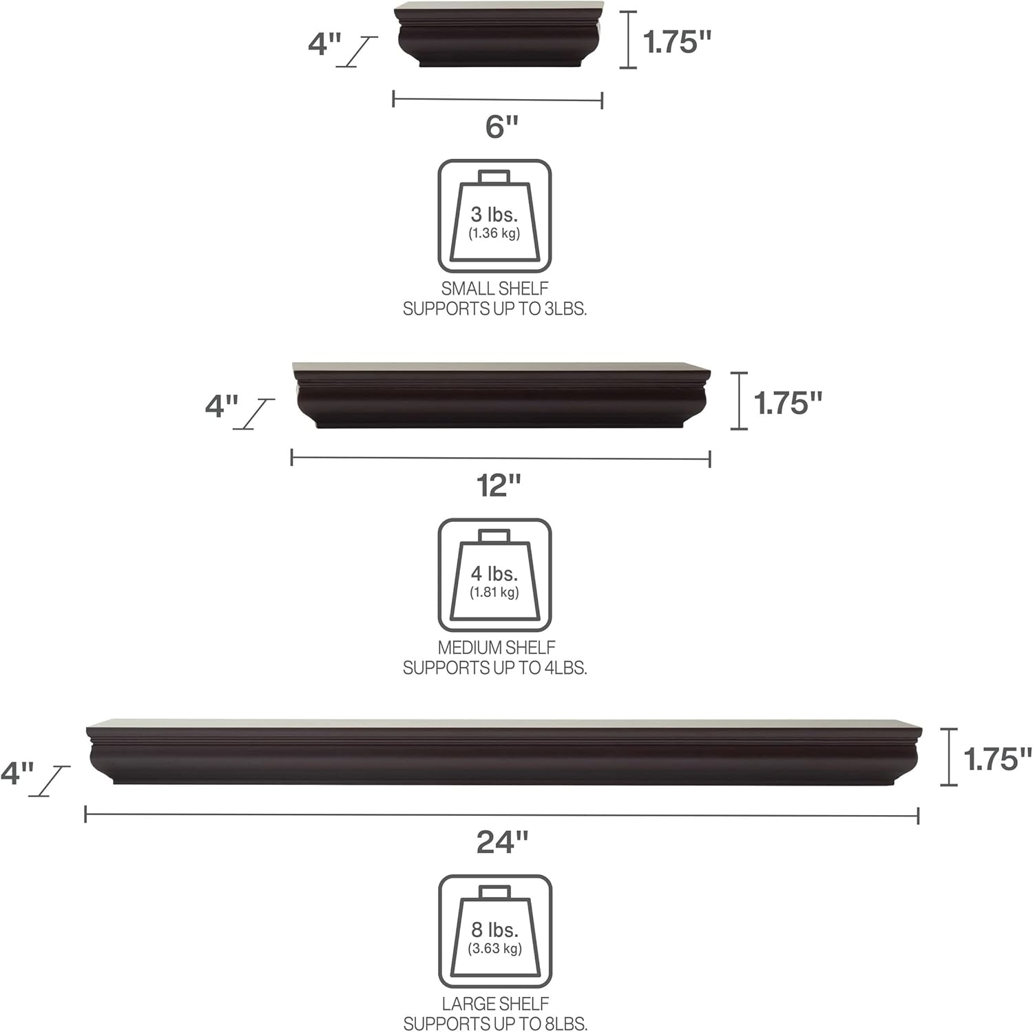 Melannco Set of 5 2-6 2-12 1-24-inch Wood Shelves in Espresso