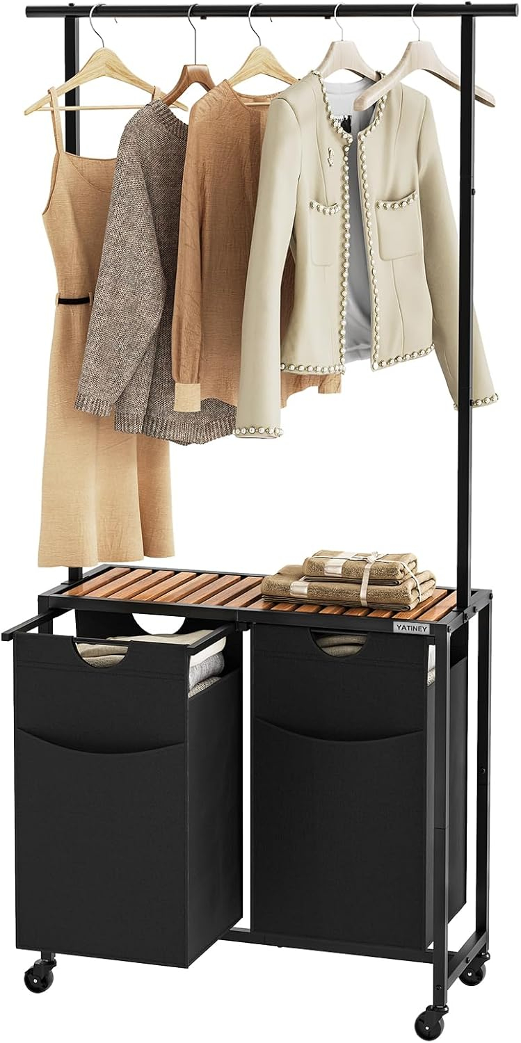 Laundry Sorter, Laundry Hamper with Hanging Rack, Laundry Sorter 2 Section, Laundry Basket with Wheels, Hampers for Laundry, Laundry Basket Organizer for Laundry Room, Rustic Brown LS27BR