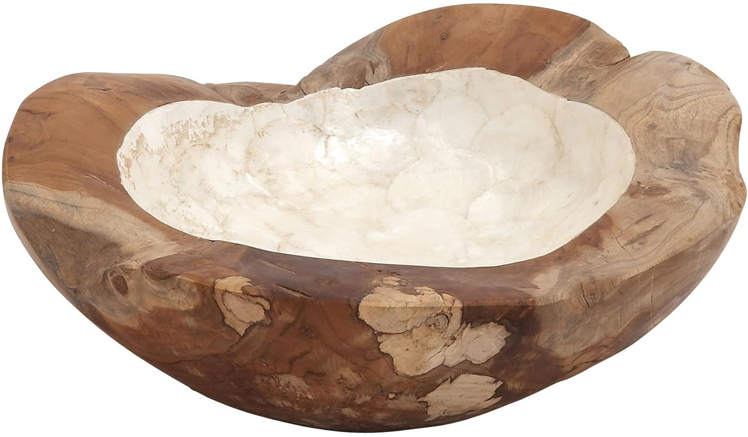 DecMode 16" Handmade Round Live Edge Free Form Brown Teak Wood Decorative Bowl with Capiz Interior