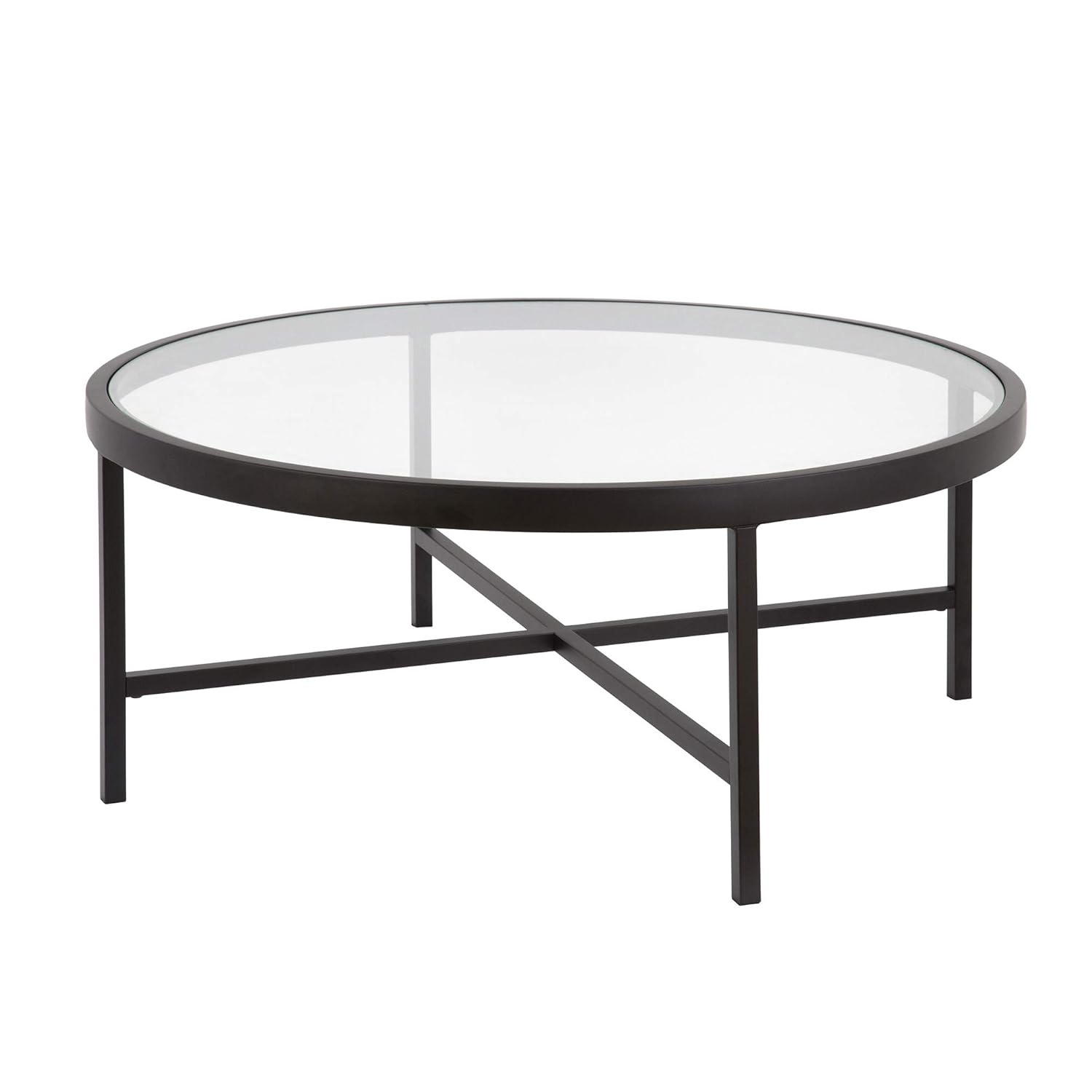 Evelyn&Zoe Xivil 36" Wide Round Coffee Table with Glass Top, Satin Nickel