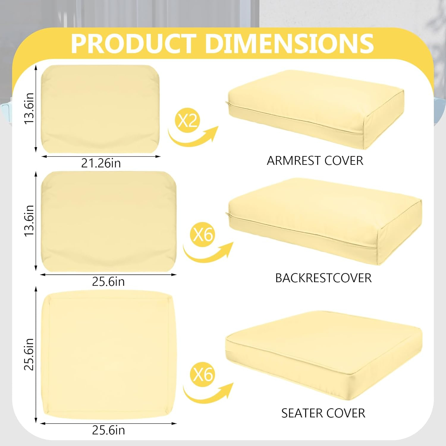 14 Piece Outdoor Patio Waterproof Cushion Covers, Fits 6-Seat Wicker Rattan Sectional Couch Chair Furniture Cover Replacement Set - Fade-Resistant Patio Cushion Covers with Zipper