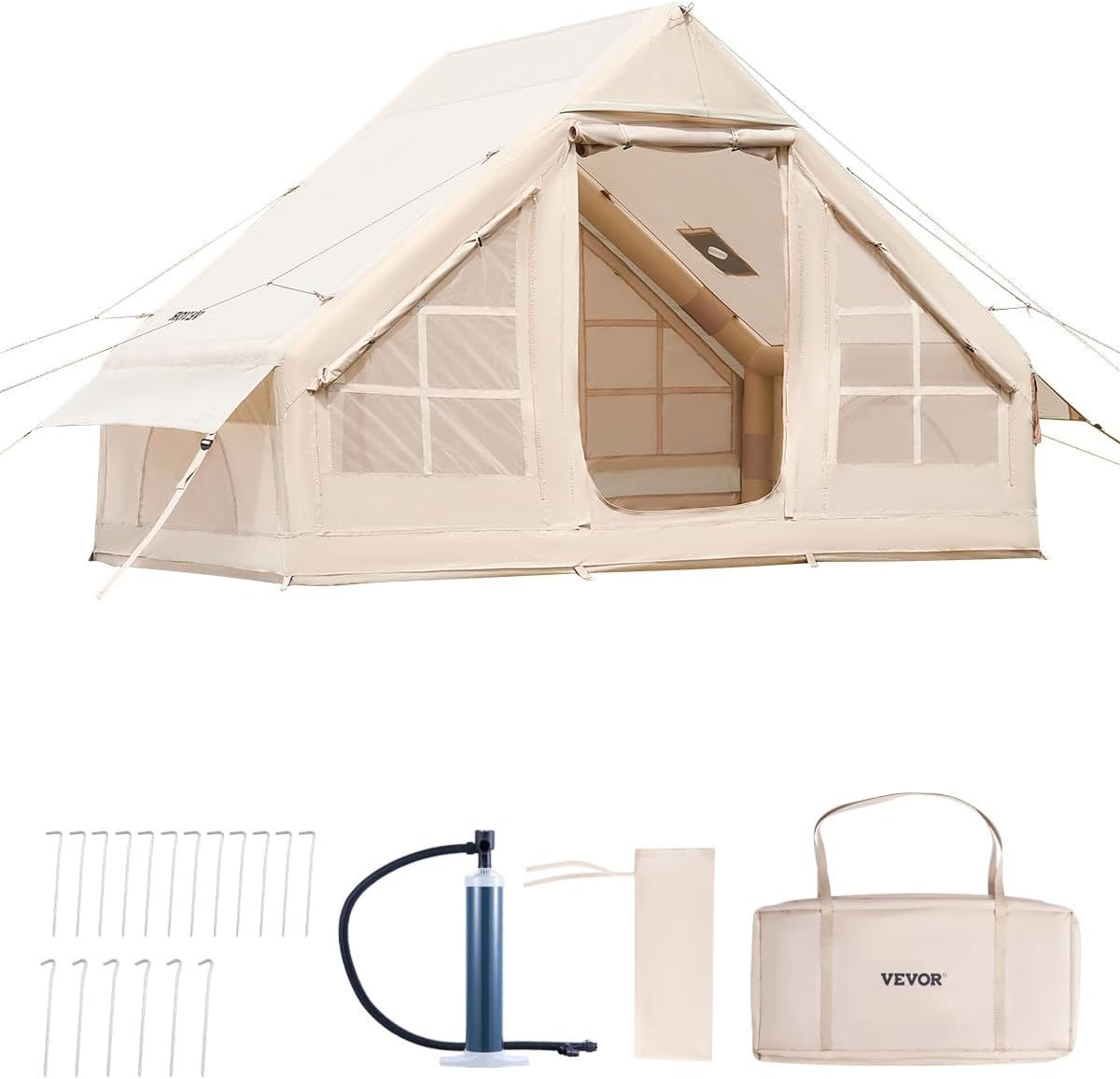 VEVOR Inflatable Tents for Camping, Easy Setup Blow up Tent with Hand Pump, 4 Season Glamping Tent with Stove Jack, Doors & Mesh Windows, Storage Bag Included for Easy Taking
