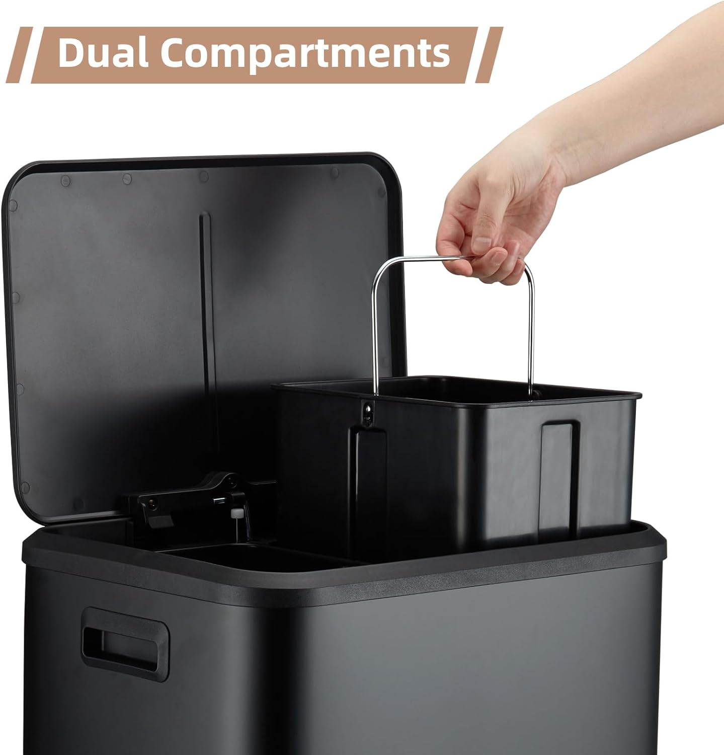 8 Gallon Kitchen Trash Can, Recycle Trash Can with Dual Removable Liners, Stainless Steel Dual Trash and Recycling Bin (4 + 4 for 8 Gallon Total), Rectangle, Black