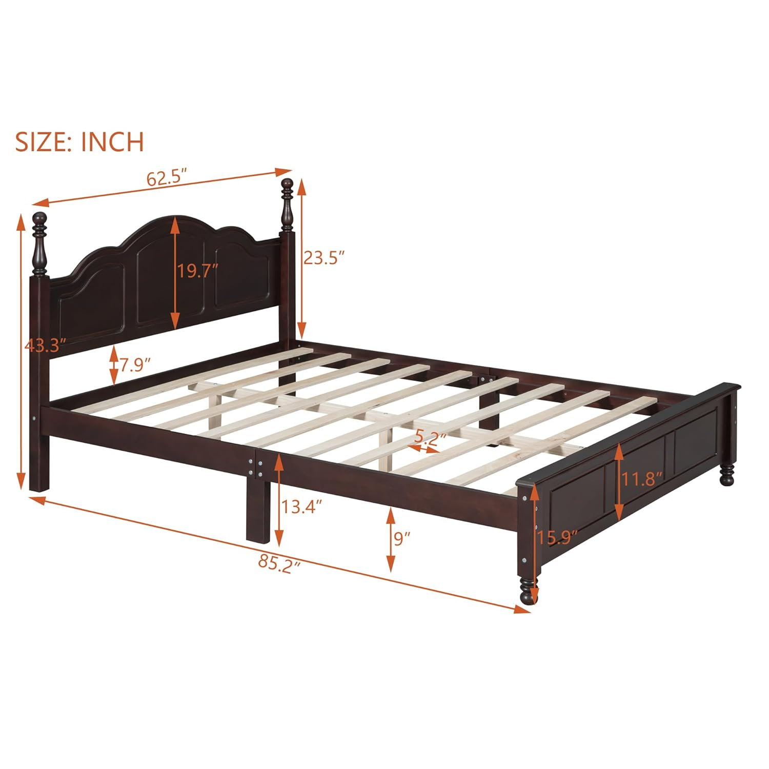 Queen Size Wood Platform Bed Frame,Retro Style Platform Bed Frame for Boys Girls Kids Adults Toddler with Wooden Slat Support,Dark Walnut