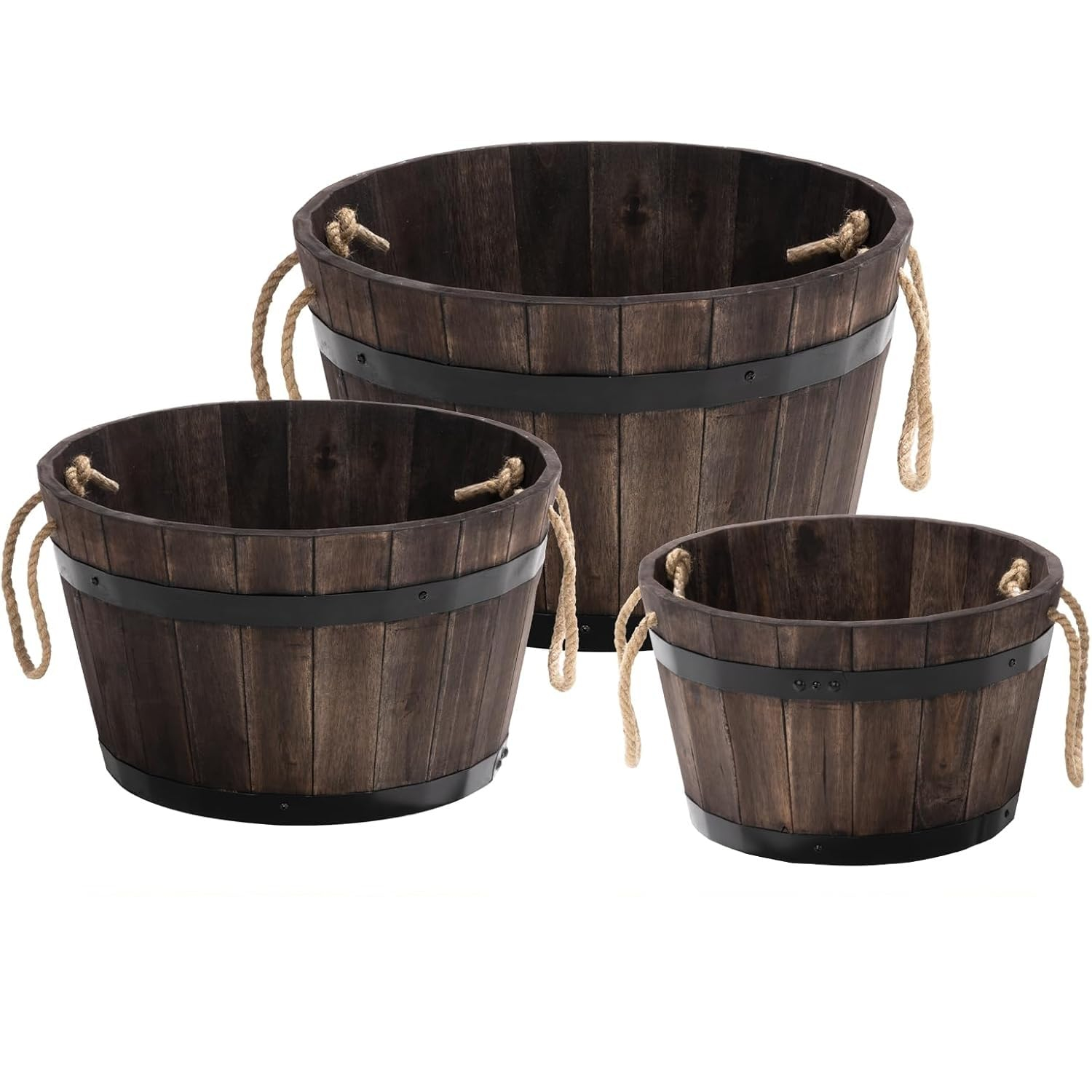 Set of 3 Dark Brown Acacia Wood Round Planter Boxes with Rope Handles