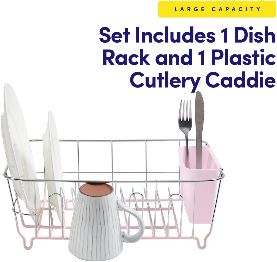 Sweet Home Collection Chrome Plated Steel Small 2 Piece Dish Drainer Pale Pink