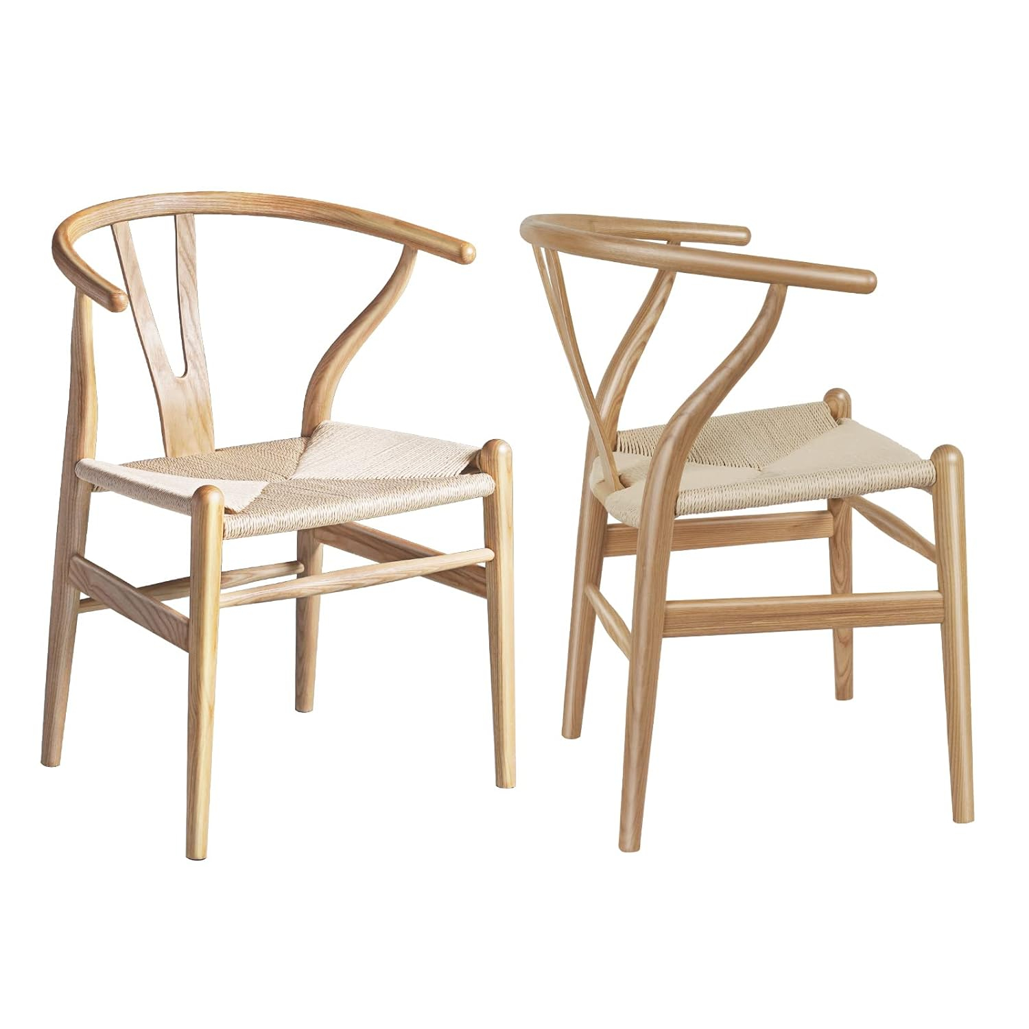 2xhome Set of 2 Wishbone Solid Wooden Dining Chairs with Woven Papercord Seats, Modern Farmhouse Y Back Elbow Side Chairs, Natural