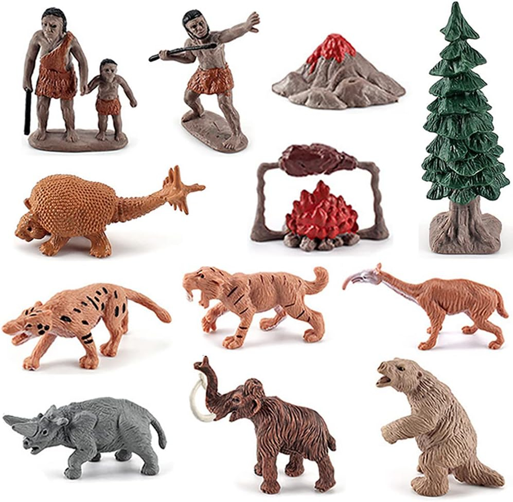 BLAPNK Realistic Prehistoric Animal and Primitive Figurines Moodel Toy 12 Pcs Ancient Smilodon Mammoth Human Figures Collection Playset Educational Toy Christmas Birthday Gift