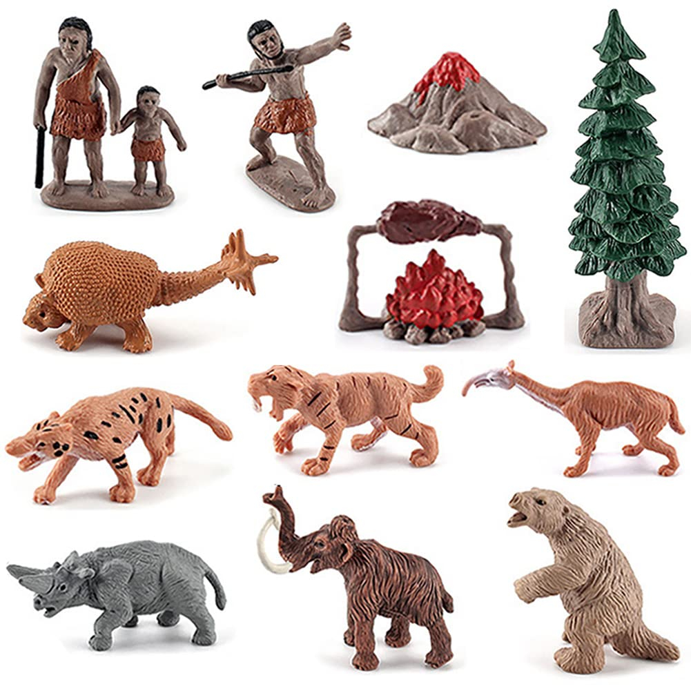 BLAPNK Realistic Prehistoric Animal and Primitive Figurines Moodel Toy 12 Pcs Ancient Smilodon Mammoth Human Figures Collection Playset Educational Toy Christmas Birthday Gift