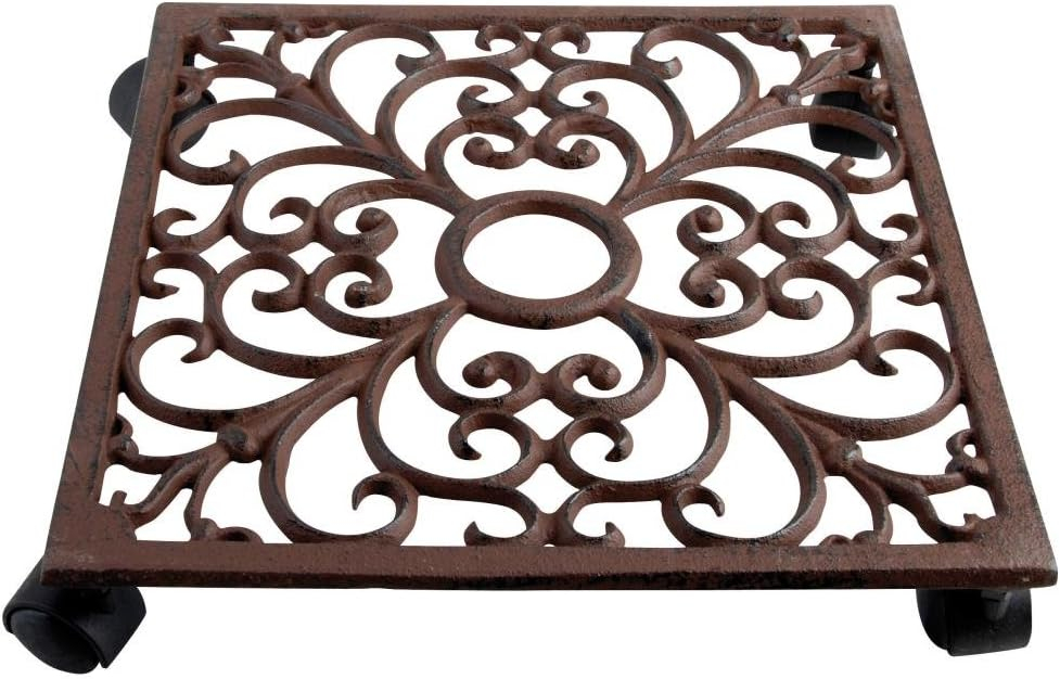 Square Brown Cast Iron Plant Trolley with Scroll Design