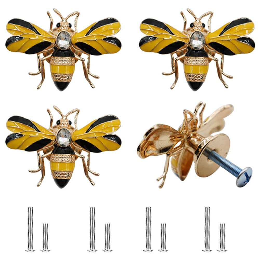 Stylish Yellow Bee Knob Handle 4 Pcs Zinc Alloy Furniture Decoration Accessories(Bee) for Cupboards, Wardrobes, Drawers, Bedside Cabinets, Closet Doors - Designed for Home or Office