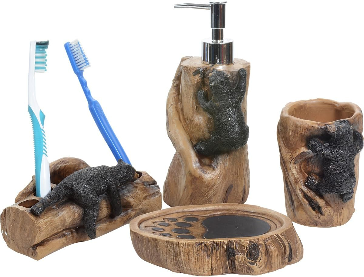 Rustic Lodge Polyresin Bath Set with Climbing Black Bears