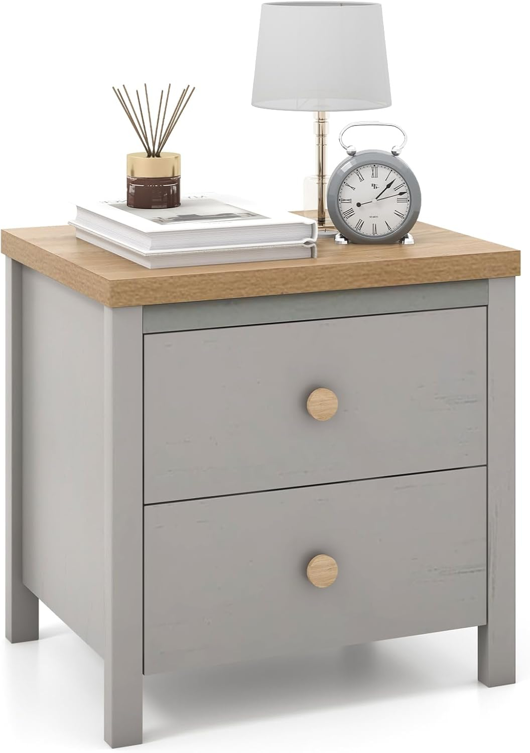 Giantex Night Stand with 2 Drawers, Farmhouse Bedside Table with Cute Round Knobs, Wooden Floor End Table with Rubber Wood Legs, Small Sofa Side Table for Small Space Kids Bedroom College, Grey