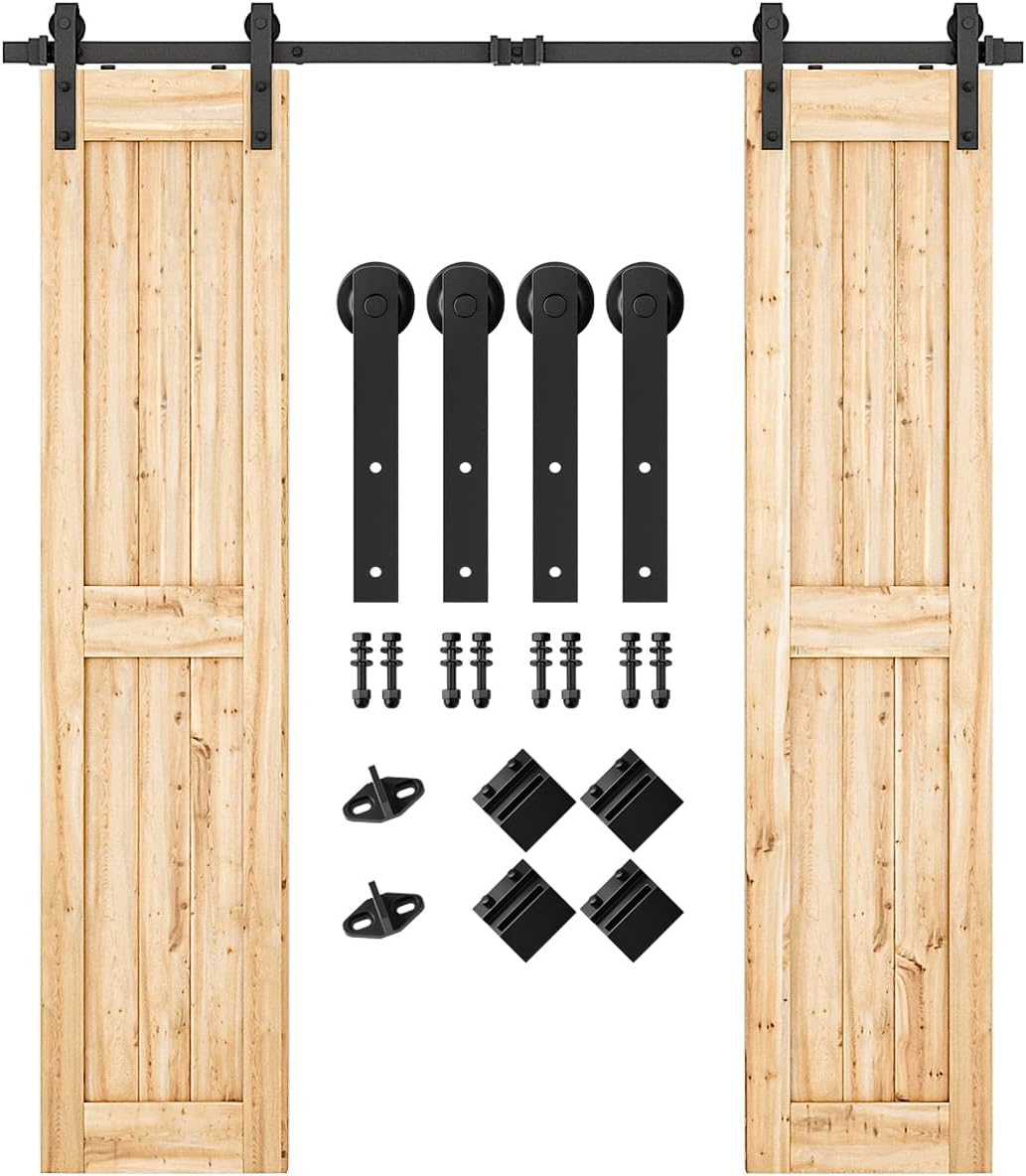 SMARTSTANDARD 6.6FT Heavy Duty Double Door Sliding Barn Door Hardware Kit,Smoothly and Quietly-Easy to Install-includes Step-by-Step Installation Instruction Fit 20" Wide Door Panel