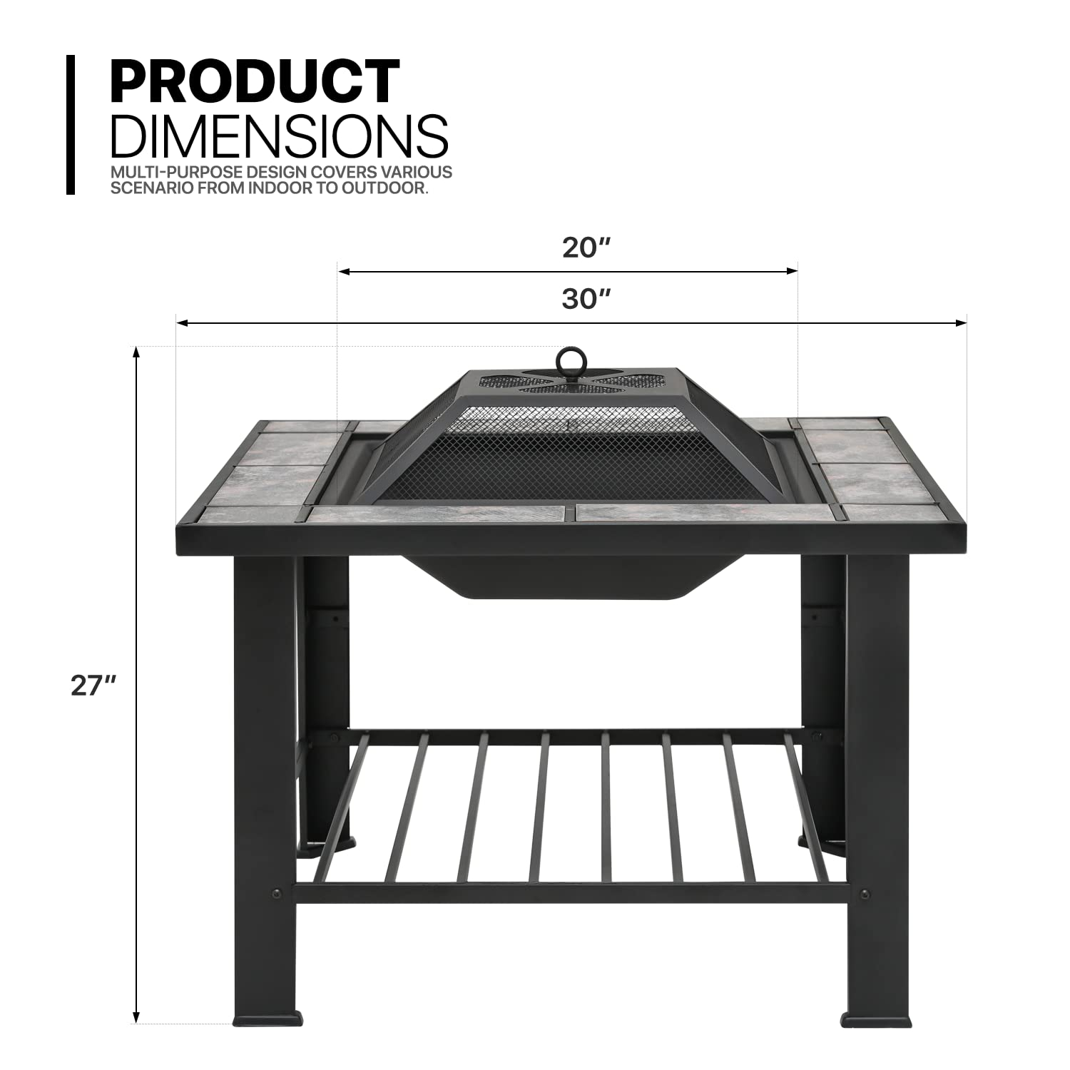 MoNiBloom 30" Square Fire Pit Table with Spark Screen Lid, Log Grate and Poker, Wood Burning Fire Pit with Shelf and Removable Tile, Black
