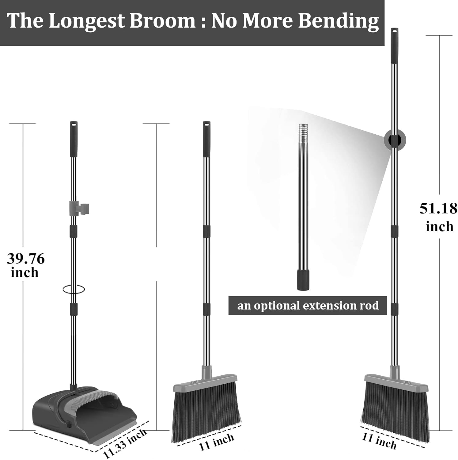 kelamayi Broom and Dustpan Set for Home, Office, Indoor&Outdoor Sweeping, Stand Up Broom and Dustpan (Black&Gray)