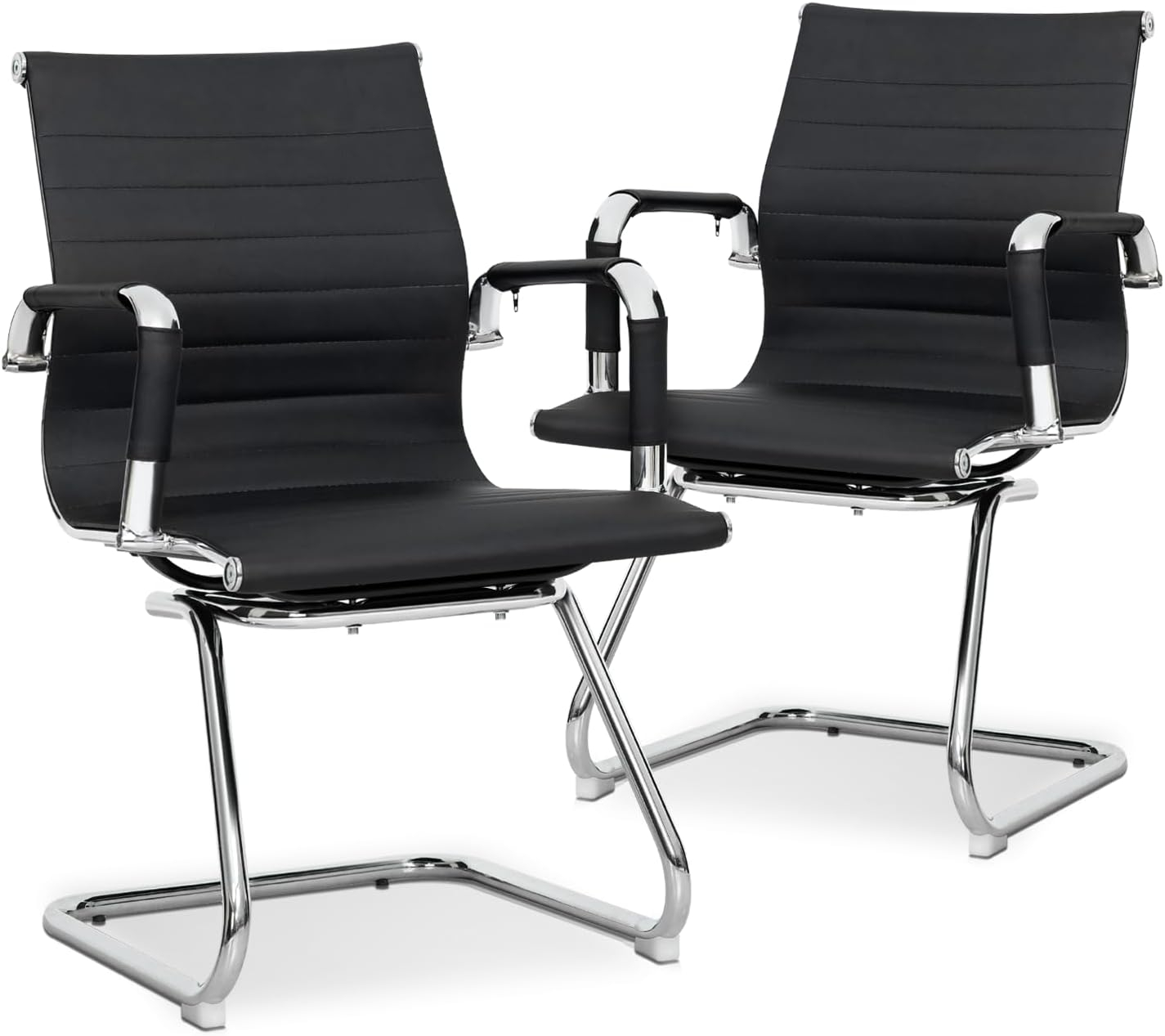 Guyou Modern Mid Back Office Guest Chair Set of 2, Faux Leather Reception Chair Computer Chair with Armrests and Metal Sled Base for Meeting/Waiting/Conference Room, No Wheels, Black