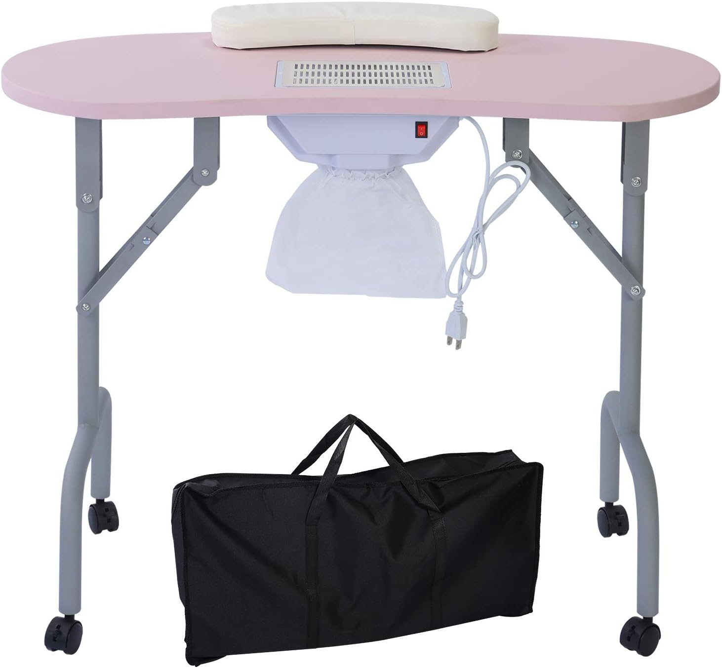 Portable Manicure Table Foldable Nail Desk with Large Drawer Nail Tech Table for Technician Salon Workstation Client Wrist Cushion/Carry Bag/4 Lockable Wheels, 36-inch, Pink