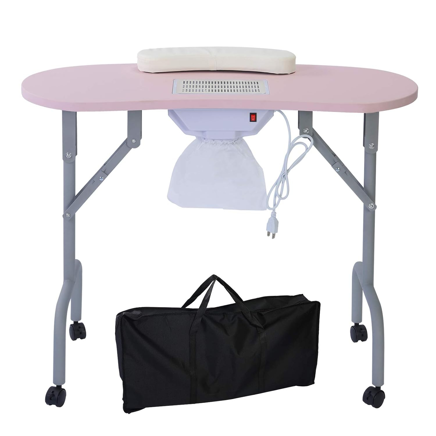 Portable Manicure Table Foldable Nail Desk with Dust Collector Professional Nail Tech Table for Technician Spa Salon Workstation, Client Wrist Pad Carry Bag 4 Lockable Wheels, 36-inch, Pink