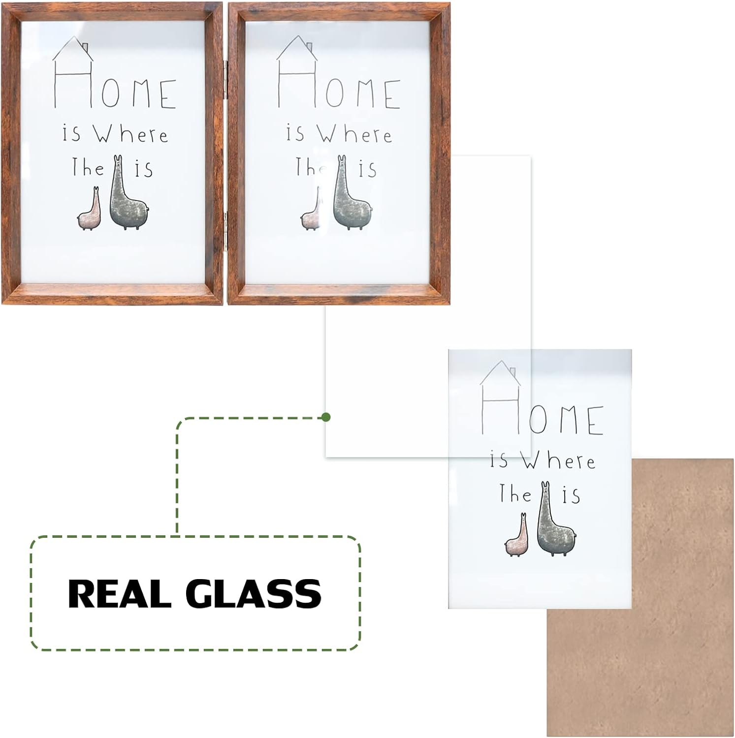 TOFOREVO 4x6 Double Picture Frame Rustic Brown Wooden Hinged Beveled Photo Frame Definition Glass 2 Vertical Openings Stand on Desktop Tabletop