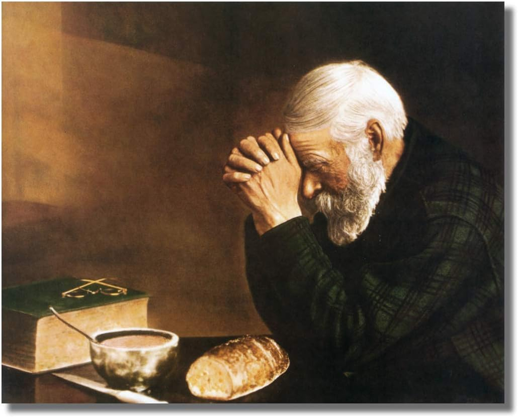 Daily Bread Man Praying Grace Thanksgiving at Dinner Table Grace Religious Art Print 8x10" Black Frame + Glass Sentimental Gift Ready to Hang Overall Size 10x12"