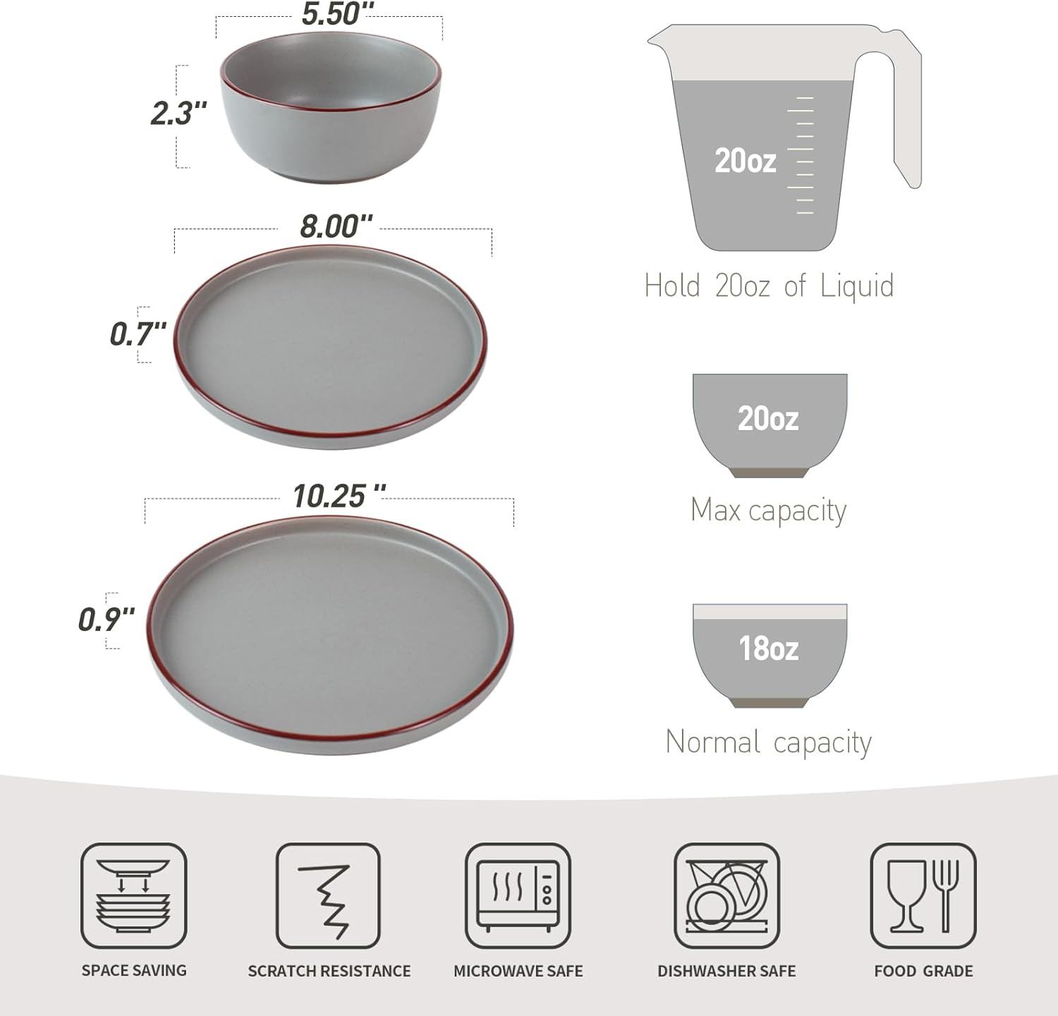 Famiware Mercury Plates and Bowls Sets, 12 Pieces Stoneware Dinnerware Sets, Dishes Set for 4, Microwave and Dishwasher Safe, Dark Grey