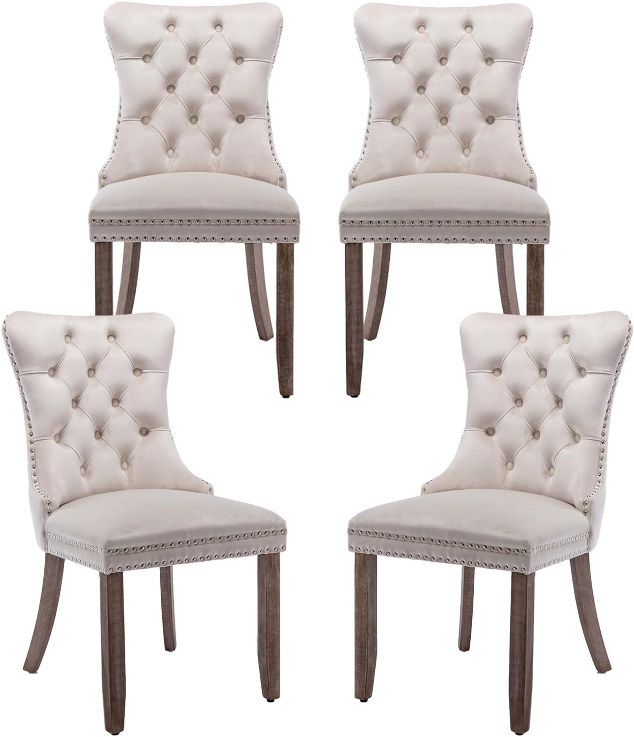 Beige Velvet Dining Chairs Set of 4, Upholstered Dining Room Chairs with Back Ring Pull Trim and Solid Wood Legs, Tufted Wingback Kitchen Chairs for Dining Room,Living Room,Kitchen(Beige)