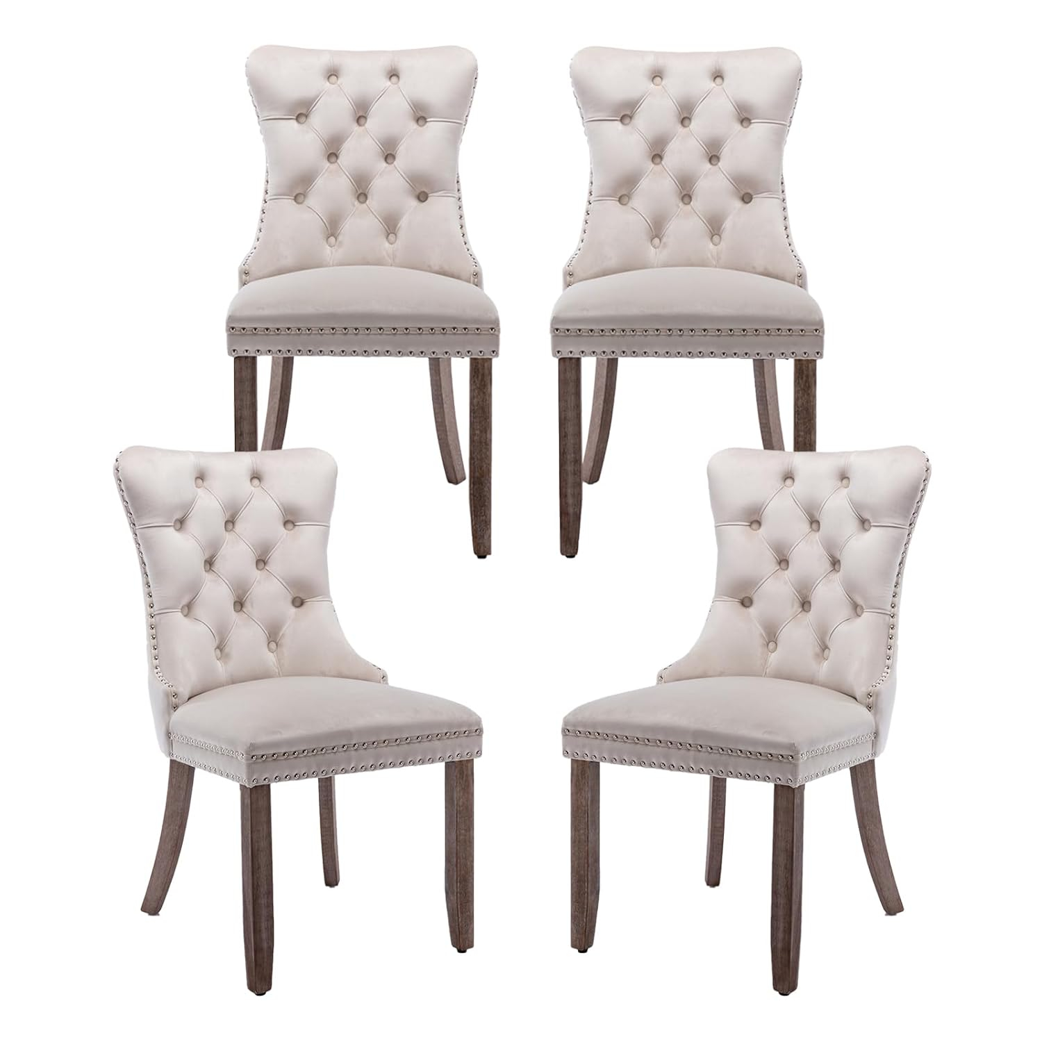 Beige Velvet Dining Chairs Set of 4, Upholstered Dining Room Chairs with Back Ring Pull Trim and Solid Wood Legs, Tufted Wingback Kitchen Chairs for Dining Room,Living Room,Kitchen(Beige)