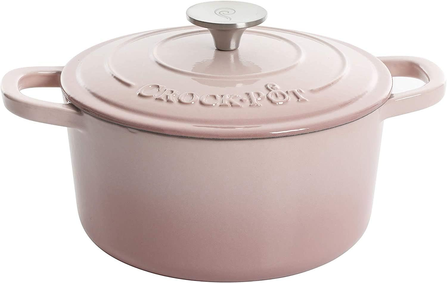 Crock-Pot 5 Quart Round Enamel Cast Iron Covered Dutch Oven Cooker, Blush Pink