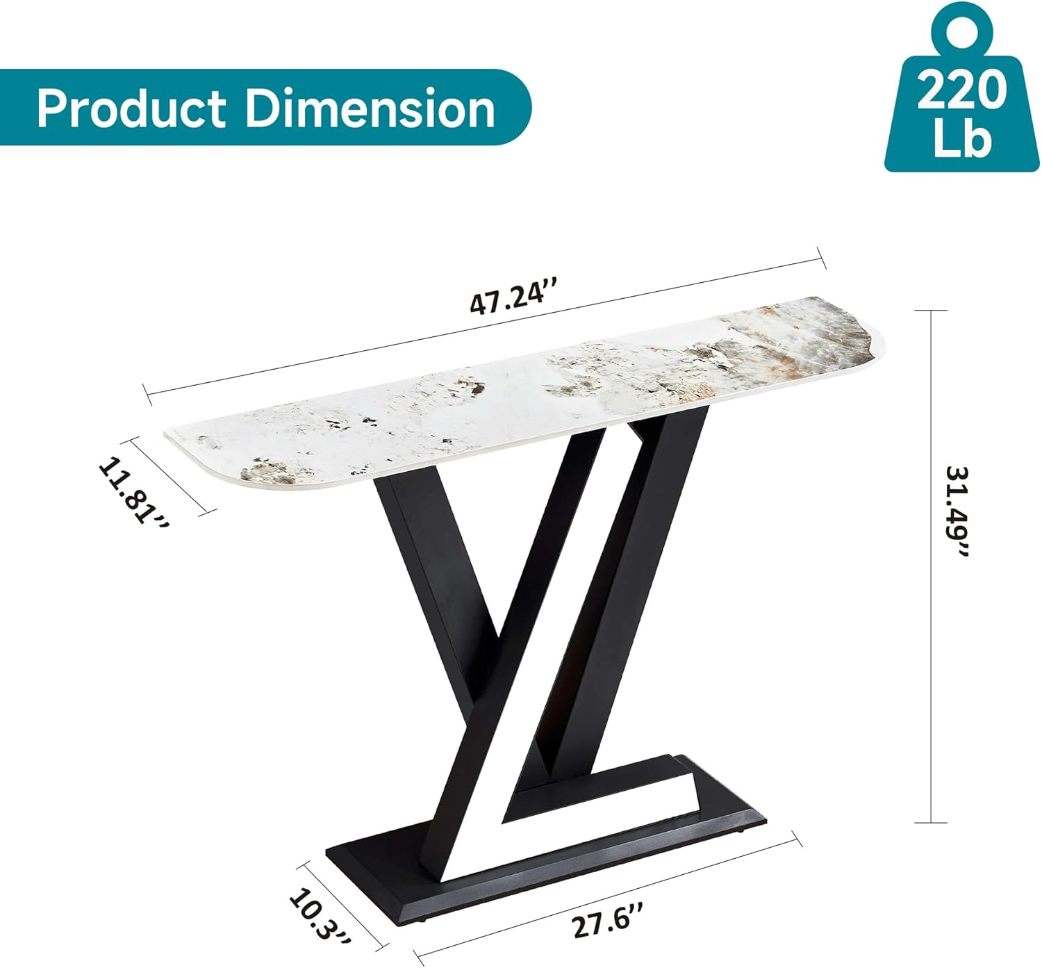 47.24'' Modern Console Table, Sintered Stone Narrow Entryway Table with Geometric Shape Metal Base for Entrance, Living Room, Hallway