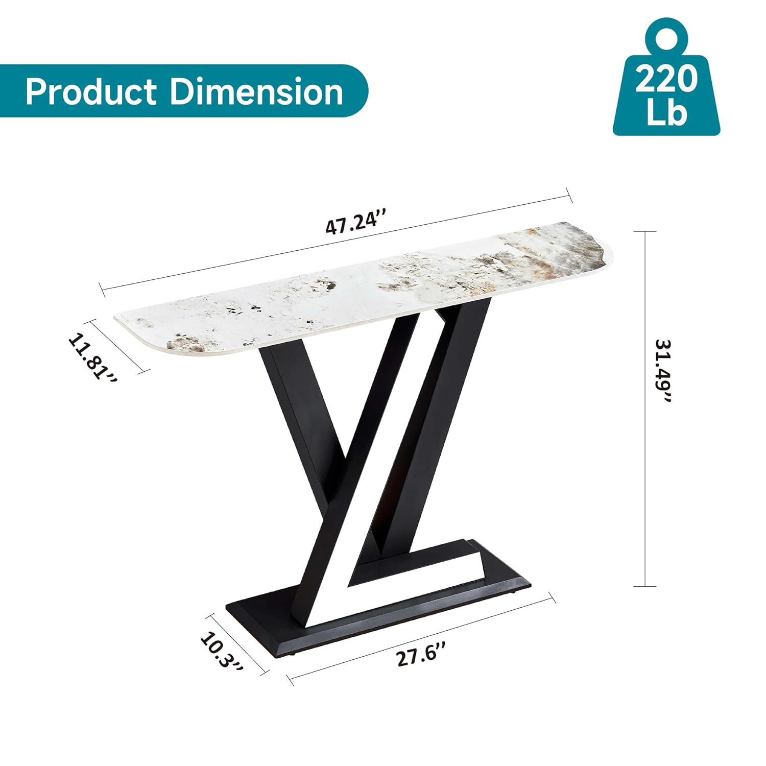 47.24'' Modern Console Table, Sintered Stone Narrow Entryway Table with Geometric Shape Metal Base for Entrance, Living Room, Hallway